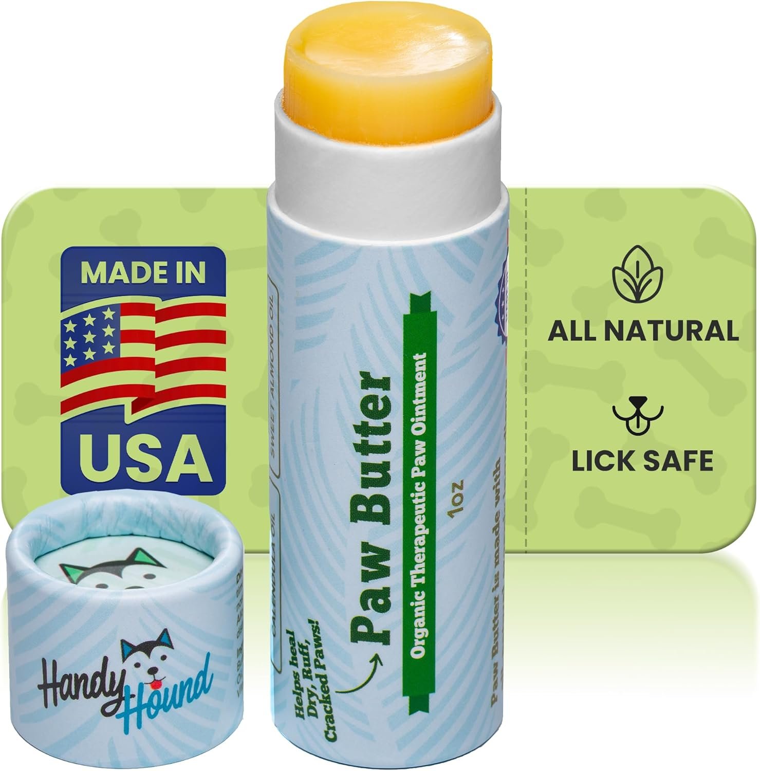 Handy Hound Paw Butter Dog Paw Balm for Dry Cracked Paws, Lick Safe, 1 oz | All natural nourishing balm soothes paws, nose and dry skin, mess-free twist-up stick, made in the USA