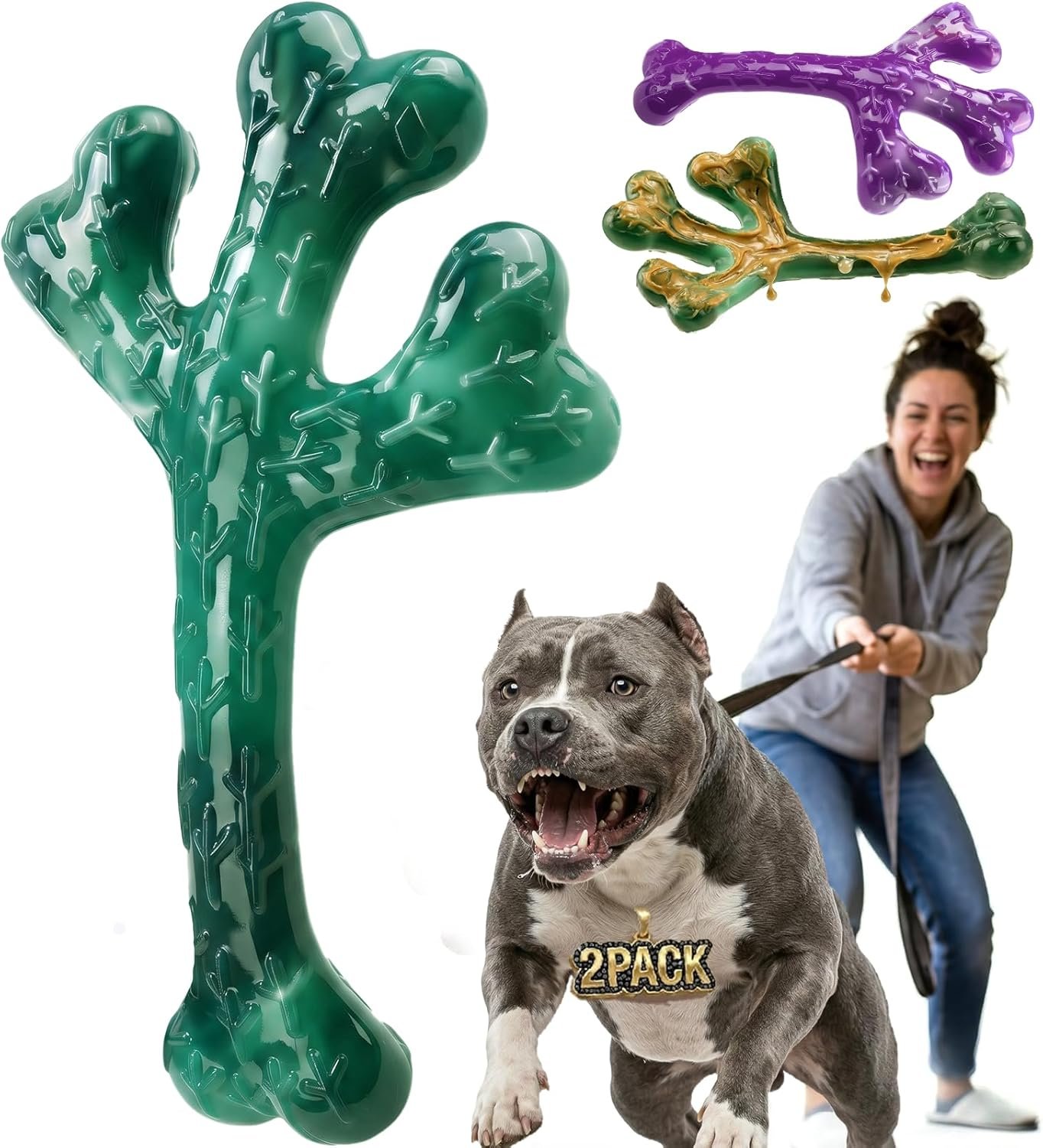 Frienhund 2 Pack Indestructible Dog Chew Toys for Aggressive Chewers – Textured Cactus with Grooves for Peanut Butter & Yogurt, Beef Nylon Bones for Large Dogs 20-90 lbs, Easy Chew & Long Lasting