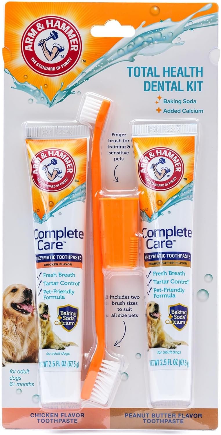 Arm & Hammer Complete Care Dog Dental Kit with Two Flavors: Chicken & Peanut Butter Enzymatic Dog Toothpaste, Toothbrush, & Finger Brush, Baking Soda + Calcium, 2.5oz Each