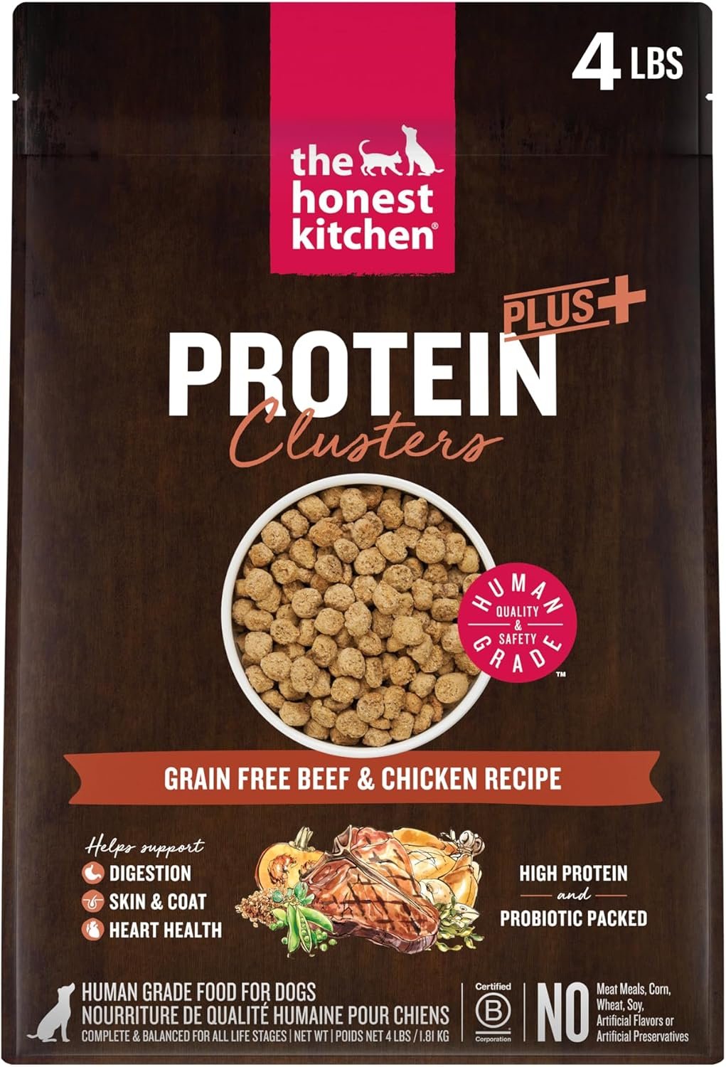 The Honest Kitchen Human Grade Dog Food, Protein Plus+ Clusters Grain Free Beef & Chicken Dry Dog Food, 4 lb Bag