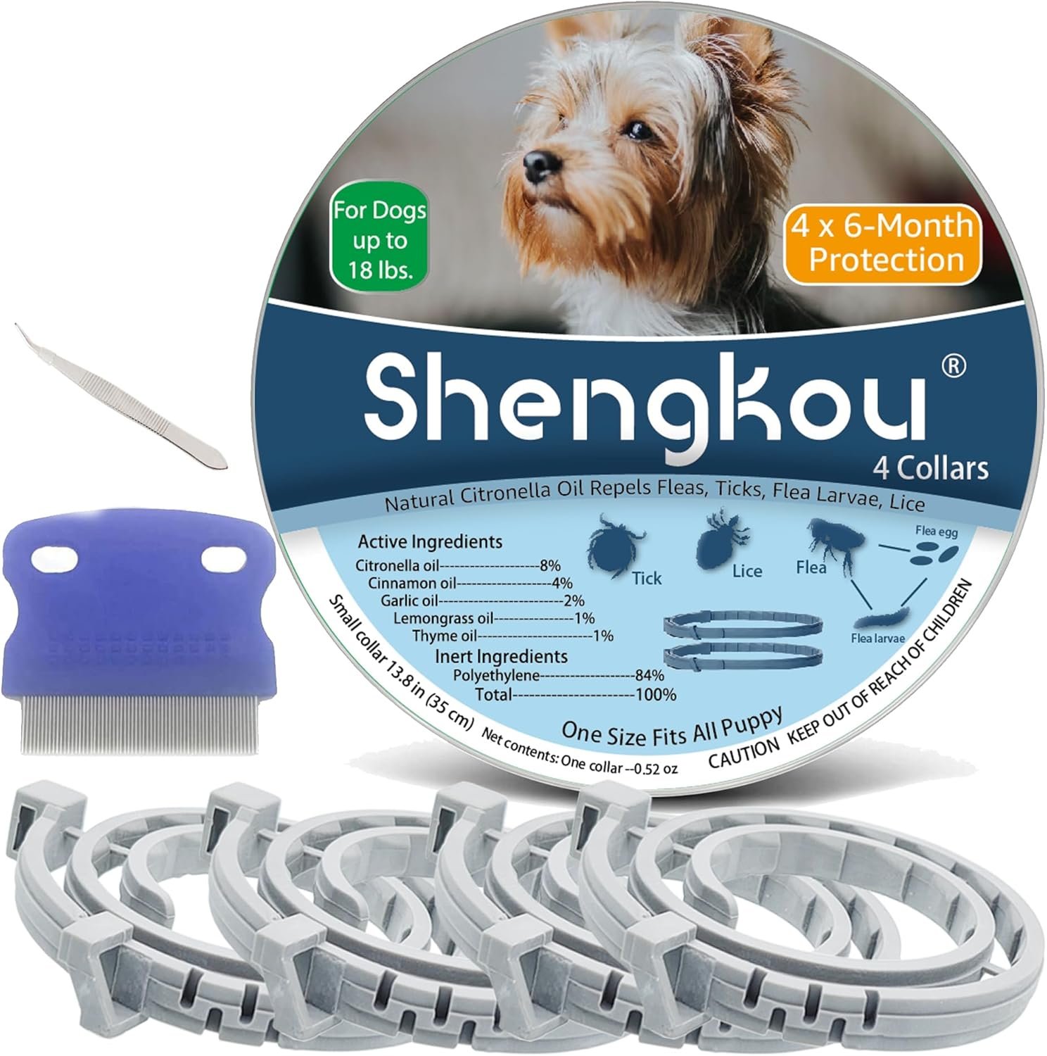 Natural Flea and Tick Collar for Puppies – Provides 24-Month Protection, Safe Pest Control – Waterproof and Strong – Includes Free Flea Comb and Tick Tweezer – 4-Pack