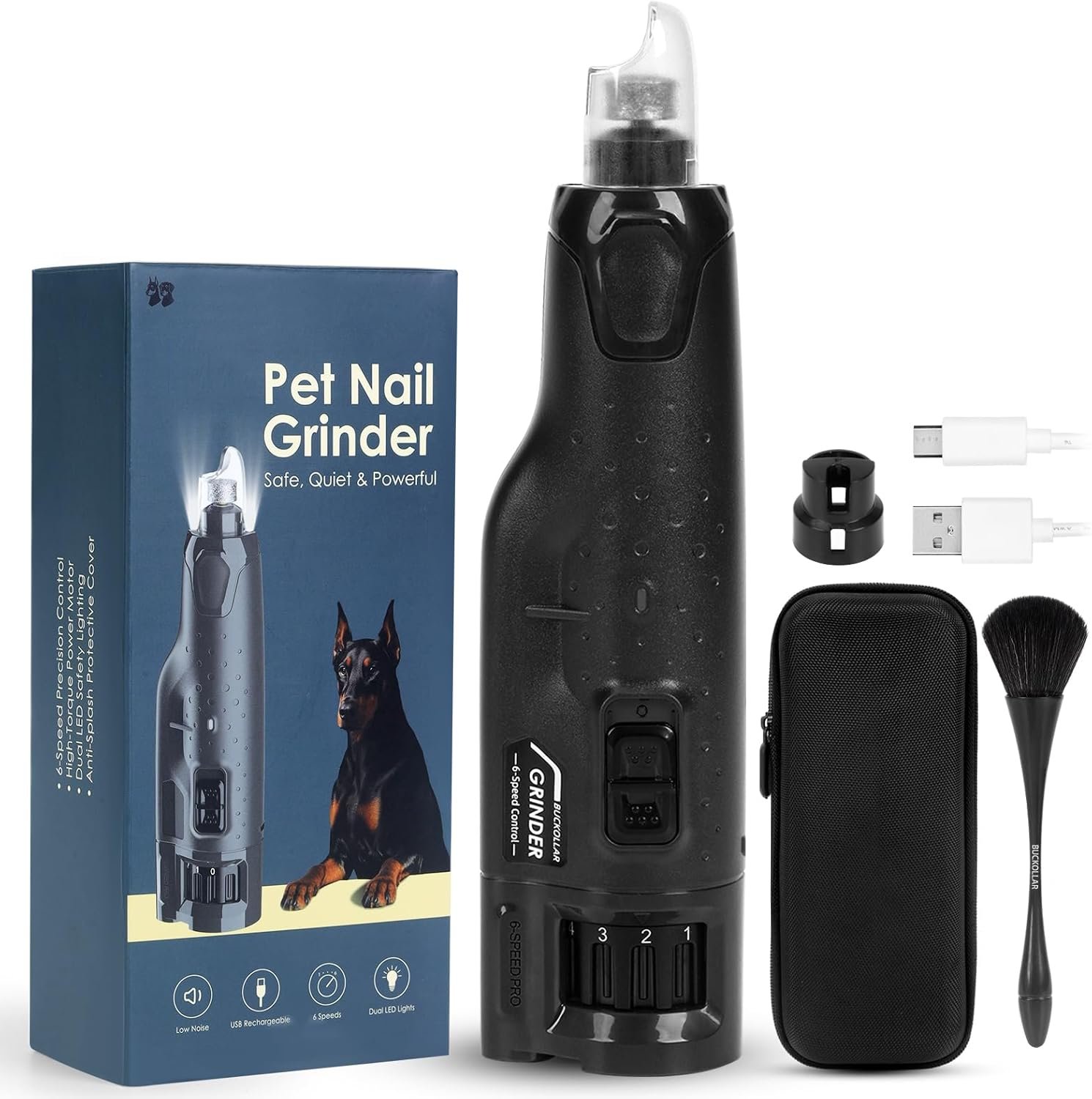 6-Speed Quiet Dog Nail Grinder with LED Light, Low-Vibration Electric Pet Nail Trimmer for Dogs and Cats, Safe Grooming Kit for Beginners, Complete Set with Storage Case
