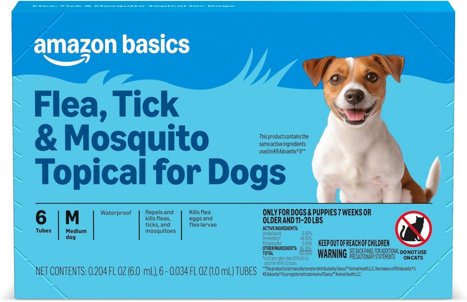Amazon Basics Flea, Tick & Mosquito Topical Treatment & Prevention for Medium Dogs (11-20 pounds), Fast-Acting, Kills Fleas, Eggs & Larvae, 30 Day Protection, 6 Count, Packaging May Vary