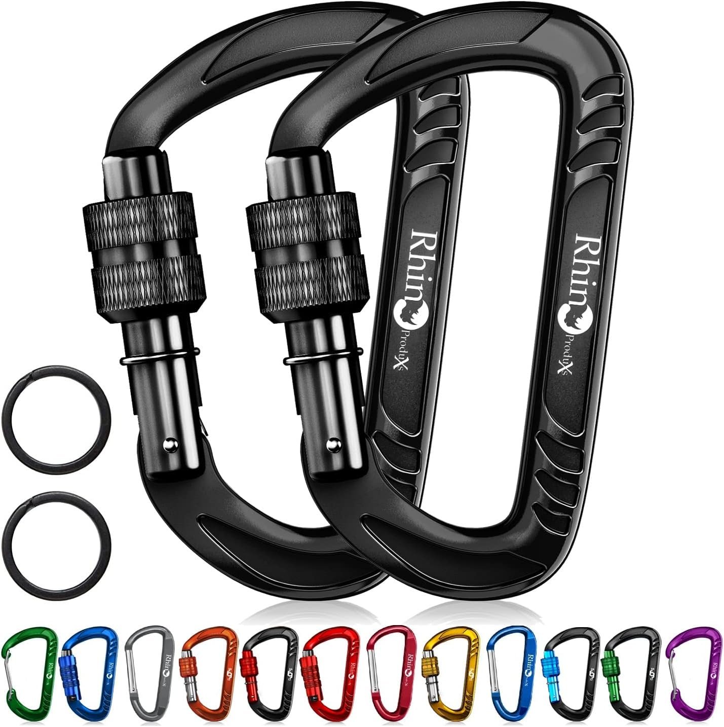 Rhino Produxs 12kN (2697 lbs) Heavy Duty Carabiner Clips, for Securing Pets, Outdoor, Camping, Hiking, Hammock, Dog Leash Harness, Keychains