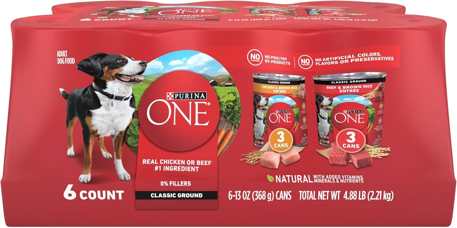 Purina ONE Classic Ground Chicken and Brown Rice, and Beef and Brown Rice Entrees Wet Dog Food Variety Pack – (Pack of 6) 13 oz. Cans