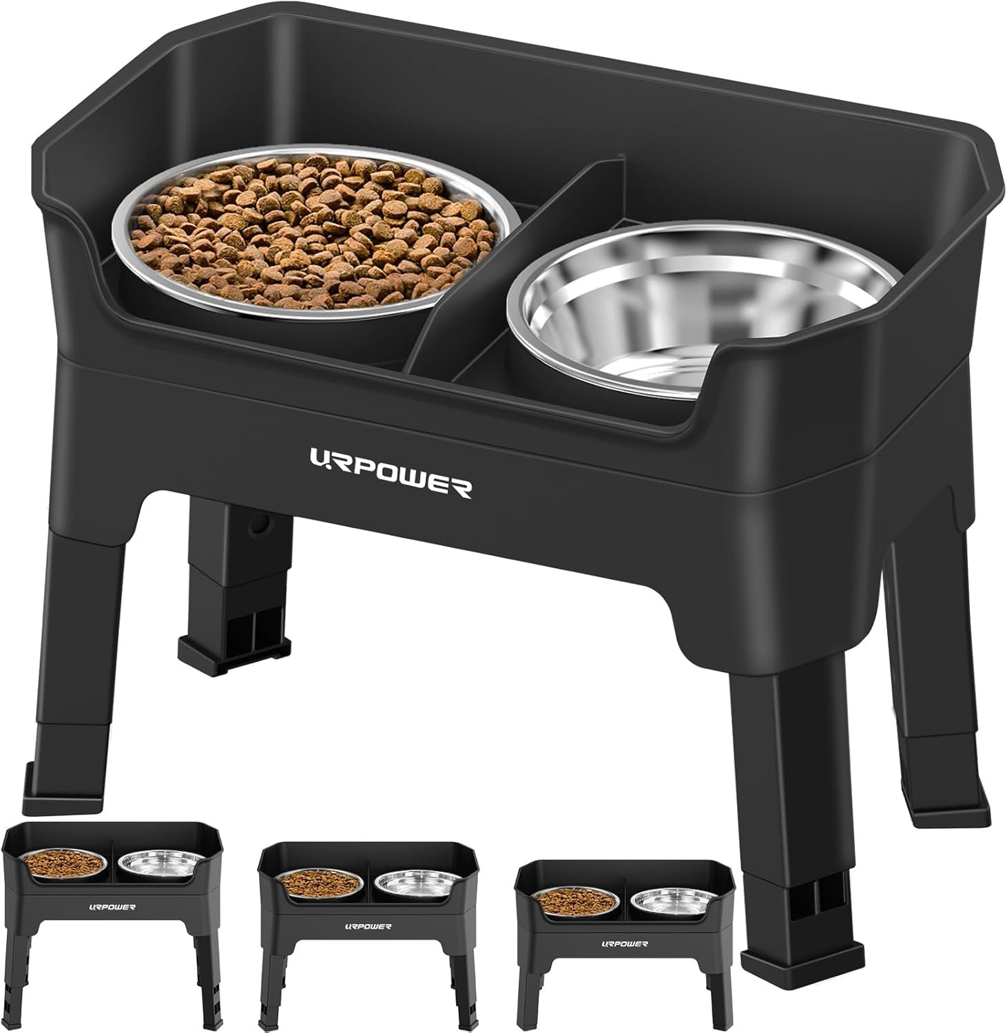 URPOWER 3-in-1 Elevated Dog Bowls – Mess Proof Double Deck 4 Height Adjustable Raised Stand with 2 Stainless Steel Food Bowls & Licking Plate for Small, Medium & Large Dogs