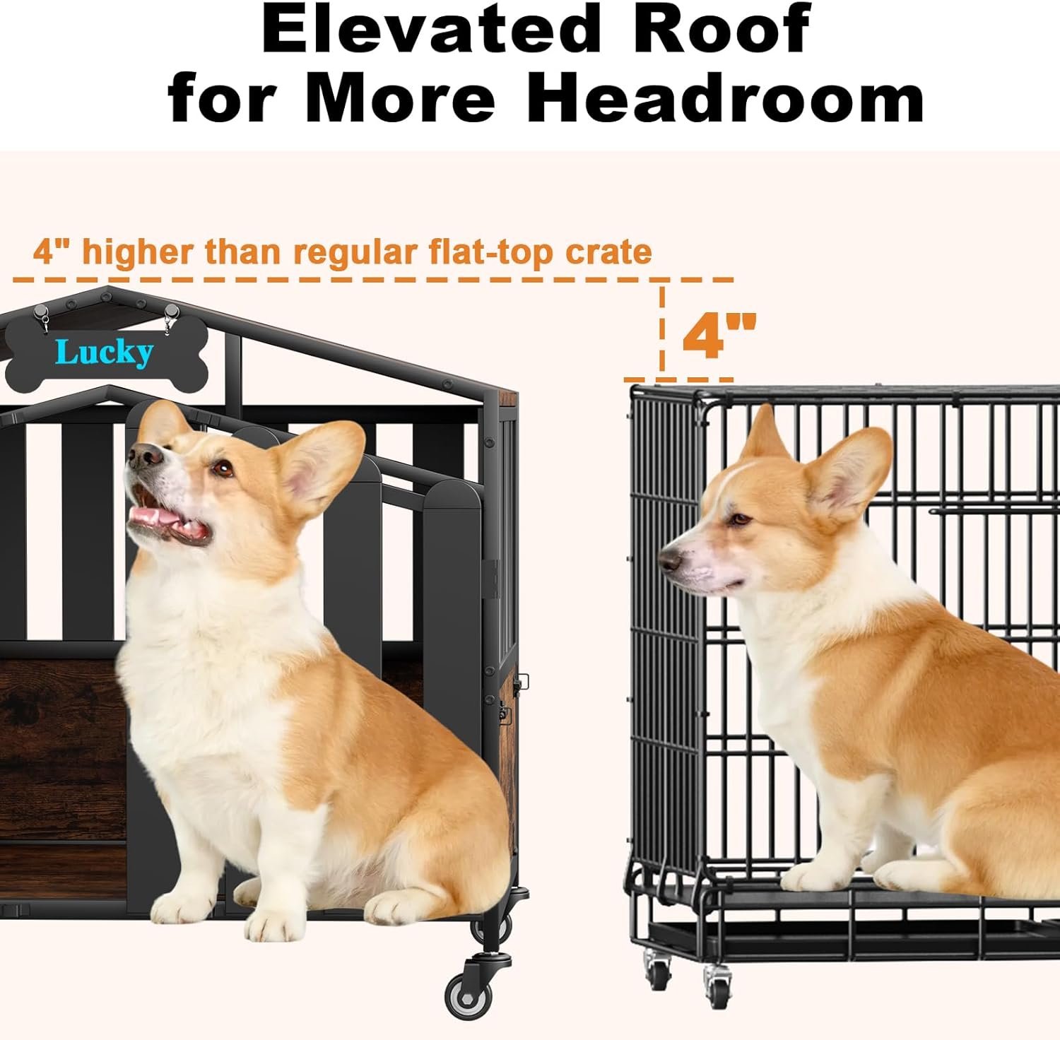 EasyCom 31″ Heavy Duty Dog Crate Furniture, Dogs Kennel Indoor with 360° Wheels, Decorative Dog Crates for Small Dogs, Wooden Dog Cage with Feeding Window and Name Tag, Dog House, Rustic Brown