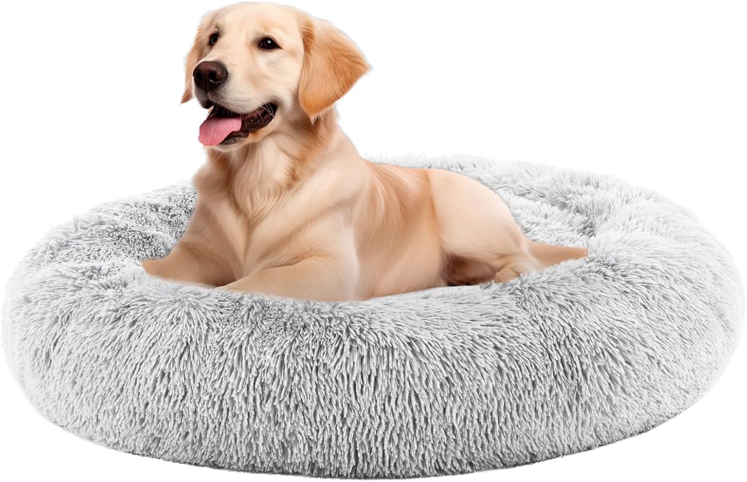 Sweetcrispy Donut Dog Bed, Large Round Calming Cat Bed with Washable Waterproof Cushion, Anti-Anxiety & Anti-Slip Fluffy Cuddle Cozy Faux Fur Plush for Pet Puppy Indoor Sleeping (30.7″x30.7″, Gery)