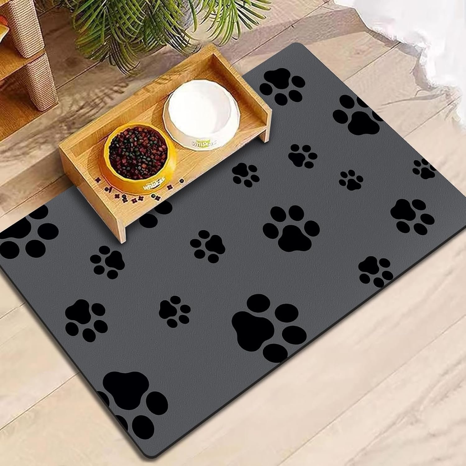 18″×30″ Dog Food Mat-Absorbent Dog Mat for Food and Water, No Stains Quick Dry Cat Food Bowl Mat with Footprints for Messy Drinkers,Dark Grey