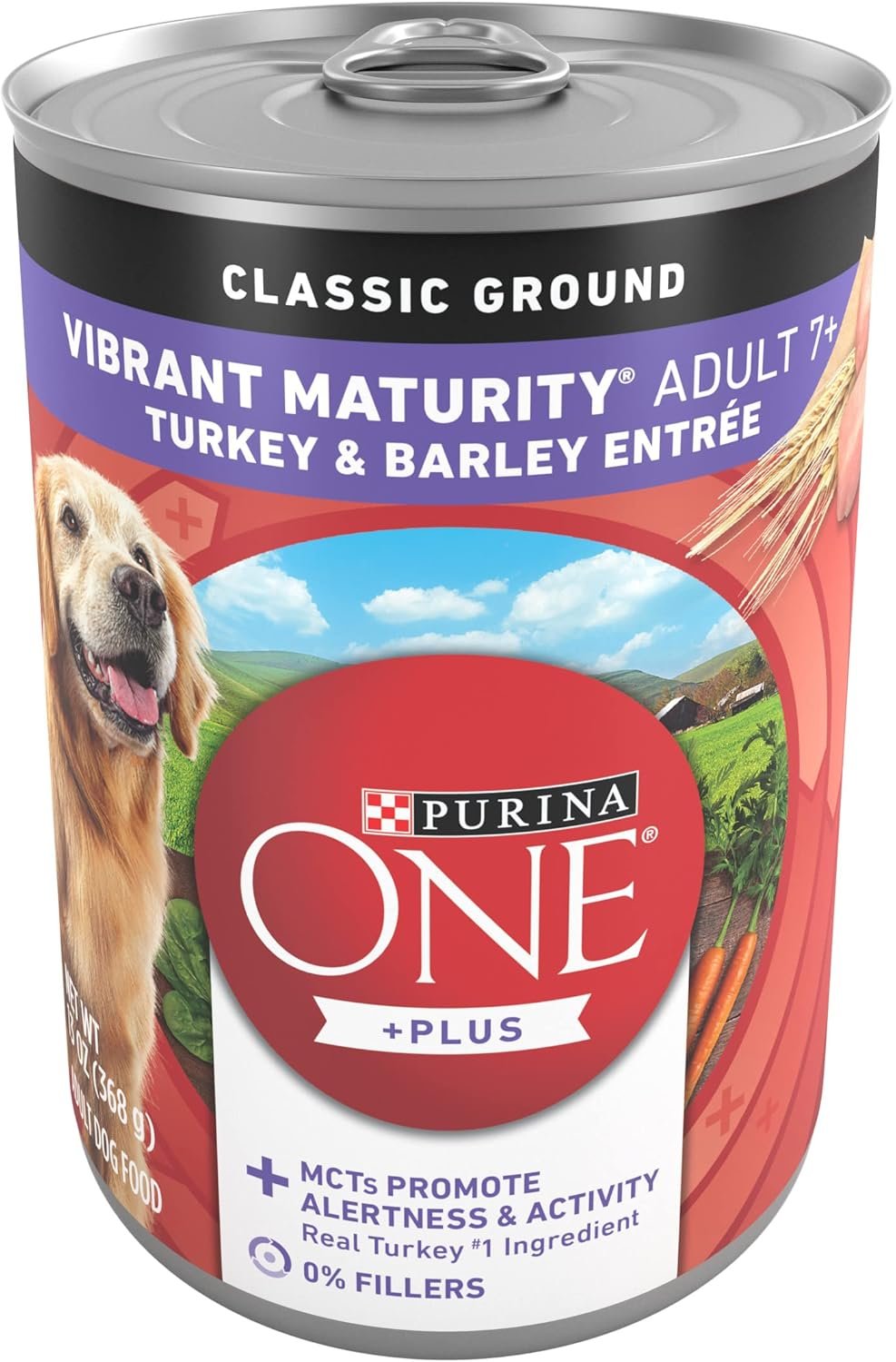 Purina ONE Plus Classic Ground Vibrant Maturity Adult 7 Plus Turkey And Barley Entree Senior Dog Food – (Pack of 12) 13 oz. Cans