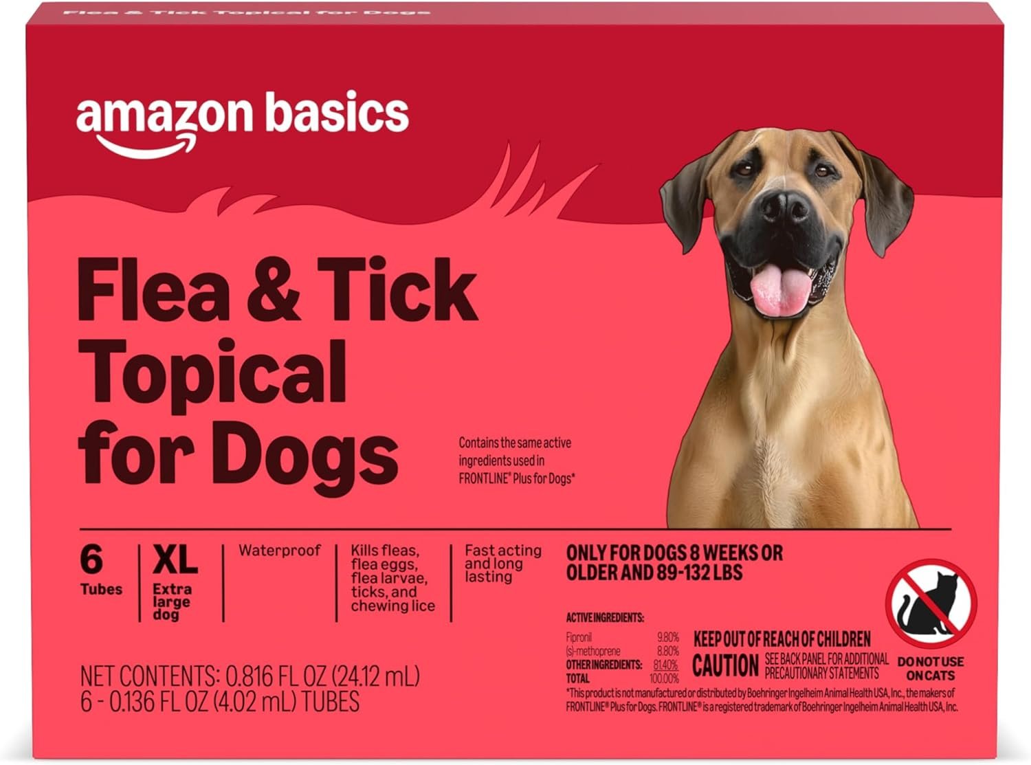 Amazon Basics Flea and Tick Topical Treatment and Prevention for Extra Large Dogs (89-132 lbs), Kills Fleas and Ticks, Waterproof, Monthly Application, 6 Count, Packaging May Vary