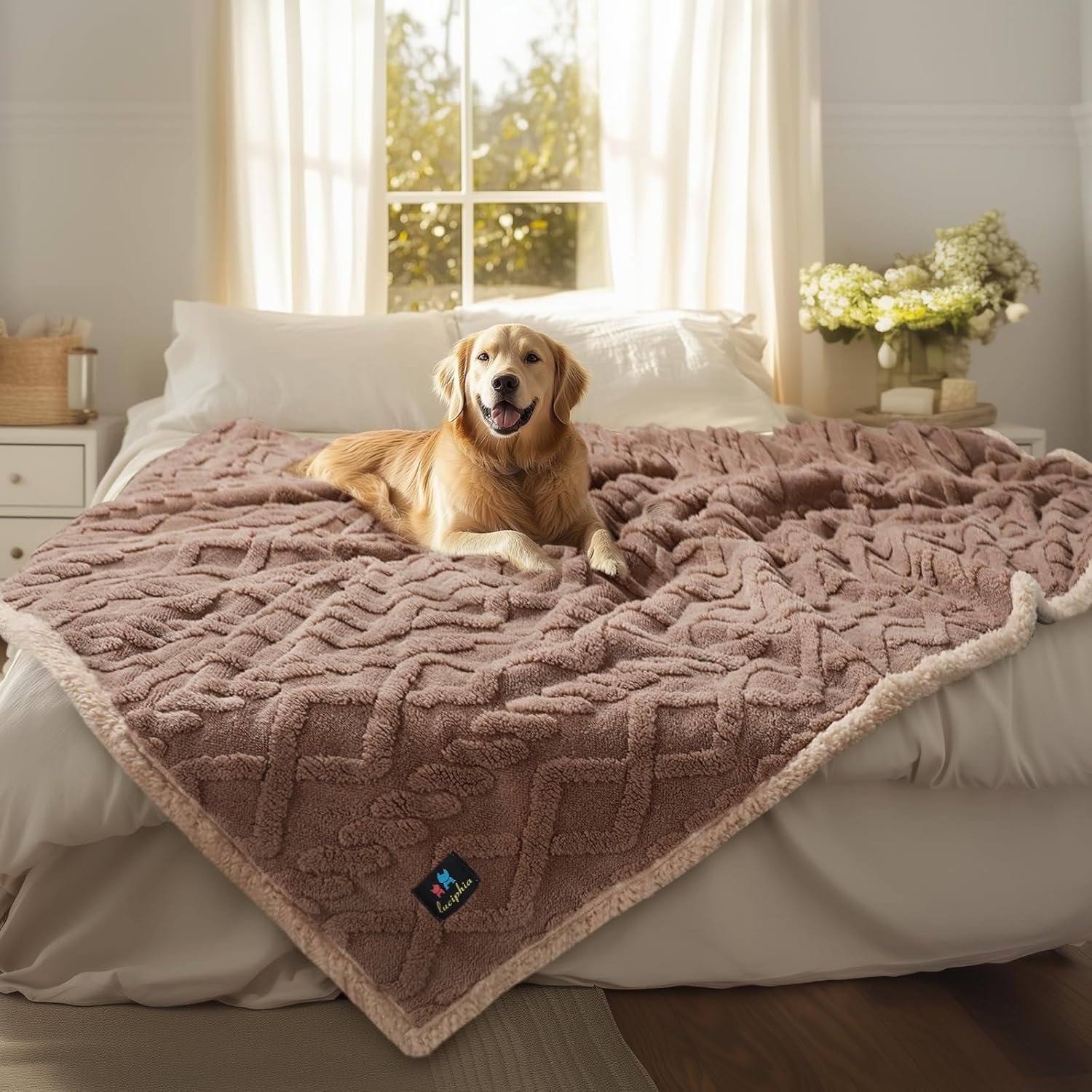 Luciphia Waterproof Pet Blanket, Liquid Pee Proof Dog Blankets for Sofa Bed Couch, Reversible Sherpa Fleece Furniture Protector Cover for Small Medium Large Dogs Cats,Khaki X-Large（85″ x 57″）