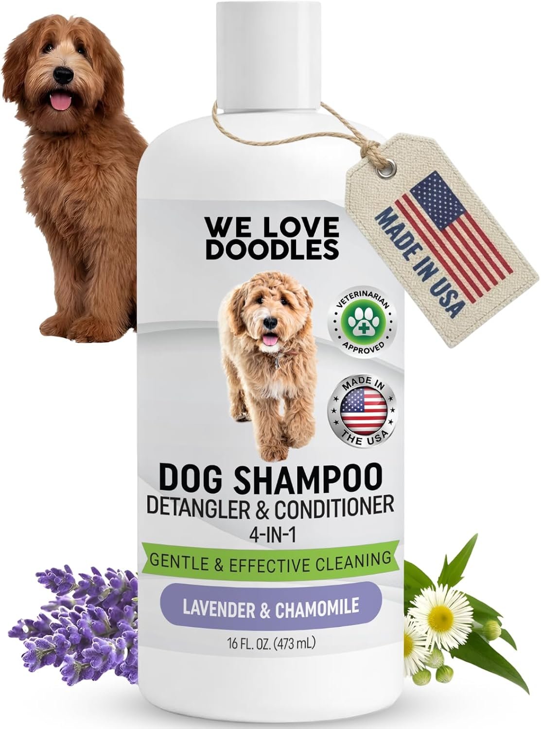 Dog Shampoo, Conditioner & Detangler – Best Shampoo for Goldendoodles, Poodles & Doodles Pet Hair – Hypoallergenic, Tearless, Sensitive Skin for Puppies & All Dog Breeds – Made in USA, 16OZ (Lavender)
