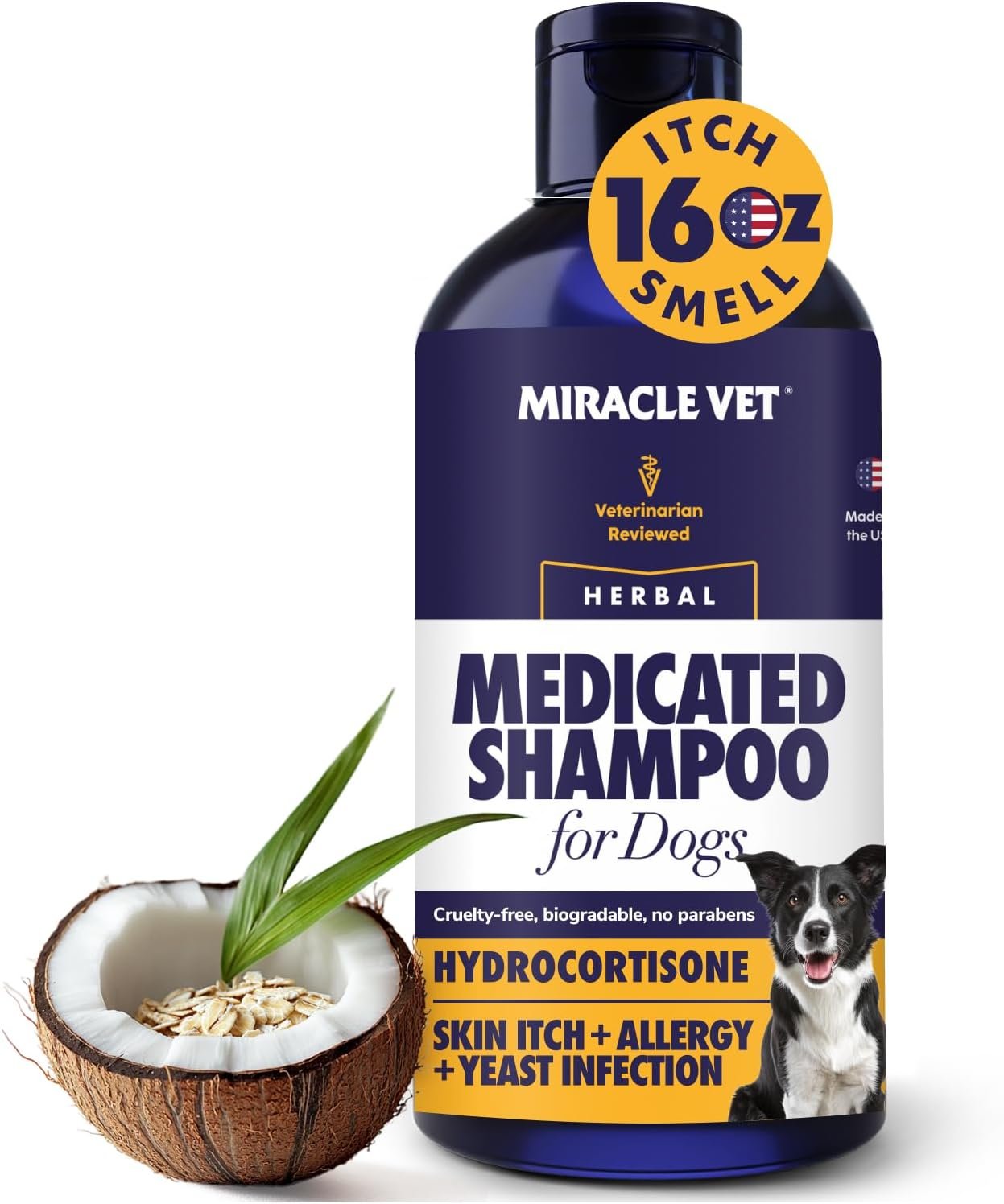Miracle Vet Medicated Dog Shampoo for Itchy Skin Relief – Antifungal for Dog Allergy Relief, Yeast Infection, Hot Spot & Dry Skin Anti-Itch Treatment Wash – Hydrocortisone (16 oz)