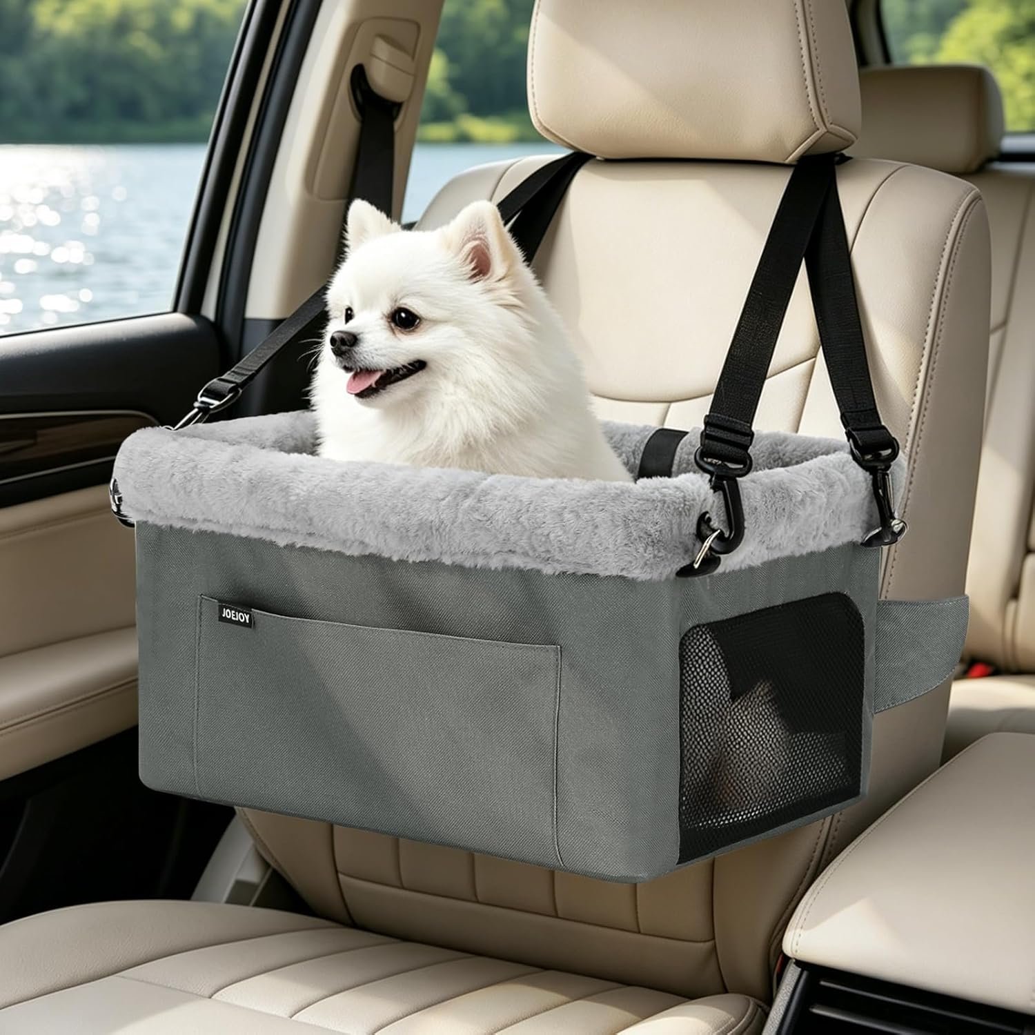 JOEJOY Deluxe Dog Booster Seat with Sturdy Metal Frame and Safety Leash for Small Pets up to 20 lbs – Portable Puppy Dog Car Seat with Thick Cushion and Storage Pockets for Small Dogs