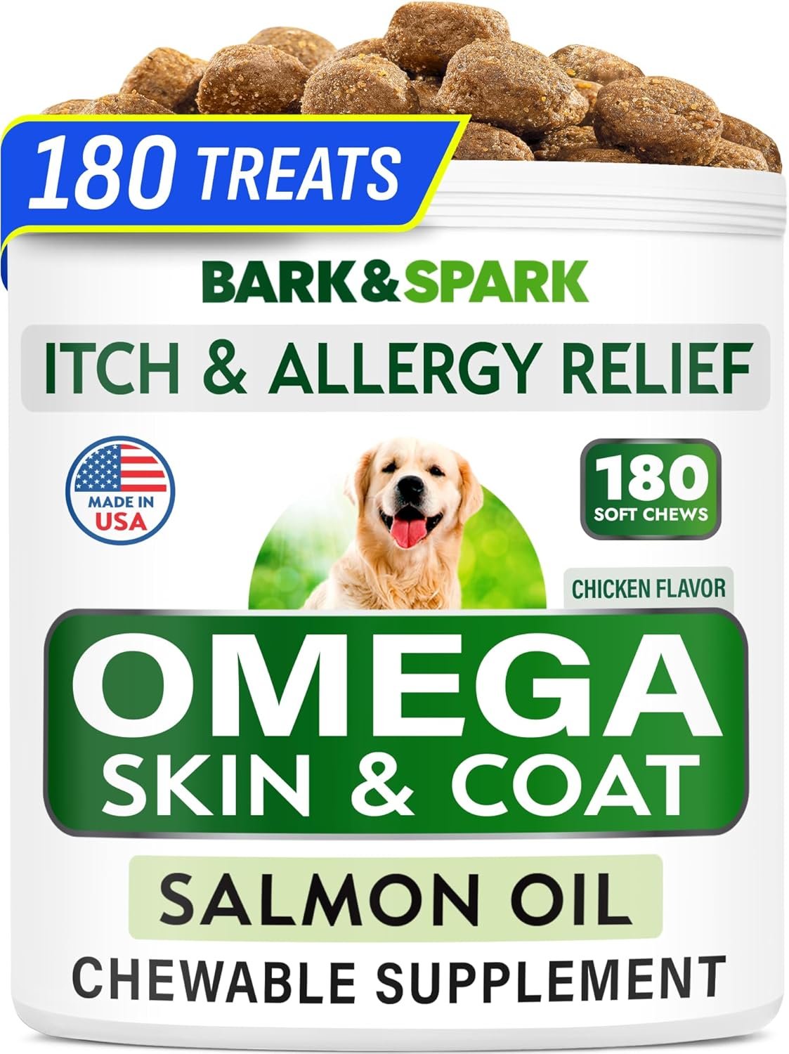 BARK&SPARK Omega 3 for Dogs – 180 Fish Oil Treats for Dog Shedding, Skin Allergy Chews, Itch Relief, Hot Spots Treatment – Joint Health – Skin and Coat Supplement – EPA & DHA Fatty Acids – Salmon Oil
