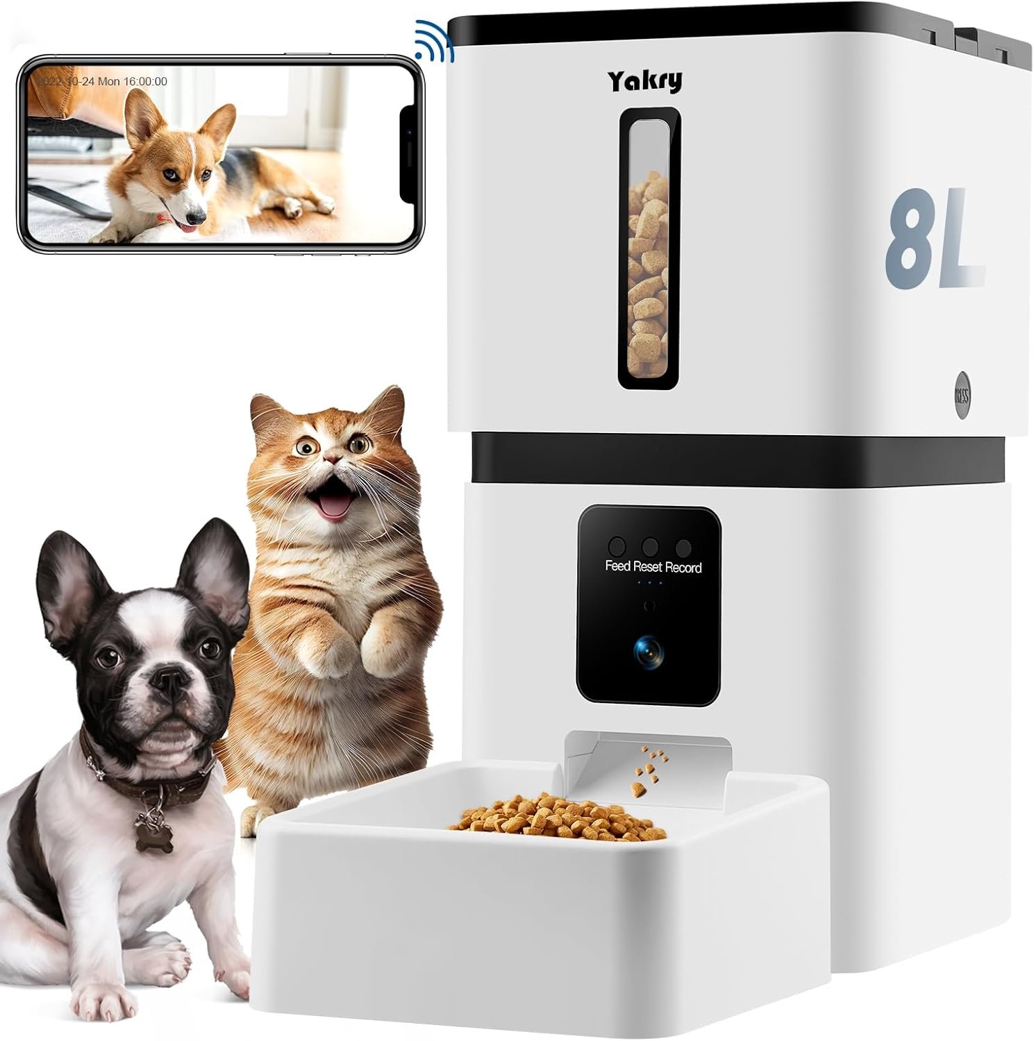 Yakry Automatic Dog Feeder with Camera – 8L/33 Cups Smart Pet Feeder for Small/Medium Dogs & Cats, 5GHz/2.4GHz WiFi App Control, 1080P HD Night Vision, 2-Way Audio, Timed Dry Food Dispenser Indoor