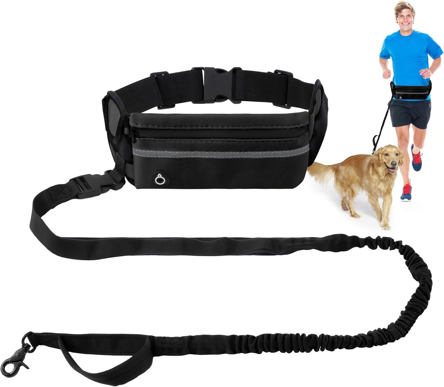 Hands Free Dog Leash – Waist Running Leashes with Zipper Pouch, Adjustable Reflective Waist Belt, Dualc Handle Retractable Bungee for Small Medium Large Dogs Walking Jogging (Black 4.1-7.2ft)