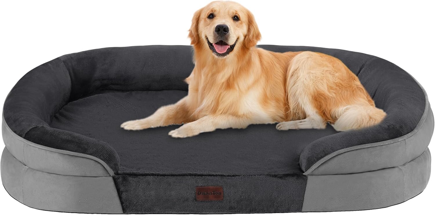 Dwanton Orthopedic Dog Bed for Large Dogs with Gel Memory Foam, Waterproof Dog Sofa, Washable Pet Bed with Four Sided Bolster Cushion, Removable Cover & Non-Slip Bottom, 42″, Dark Grey