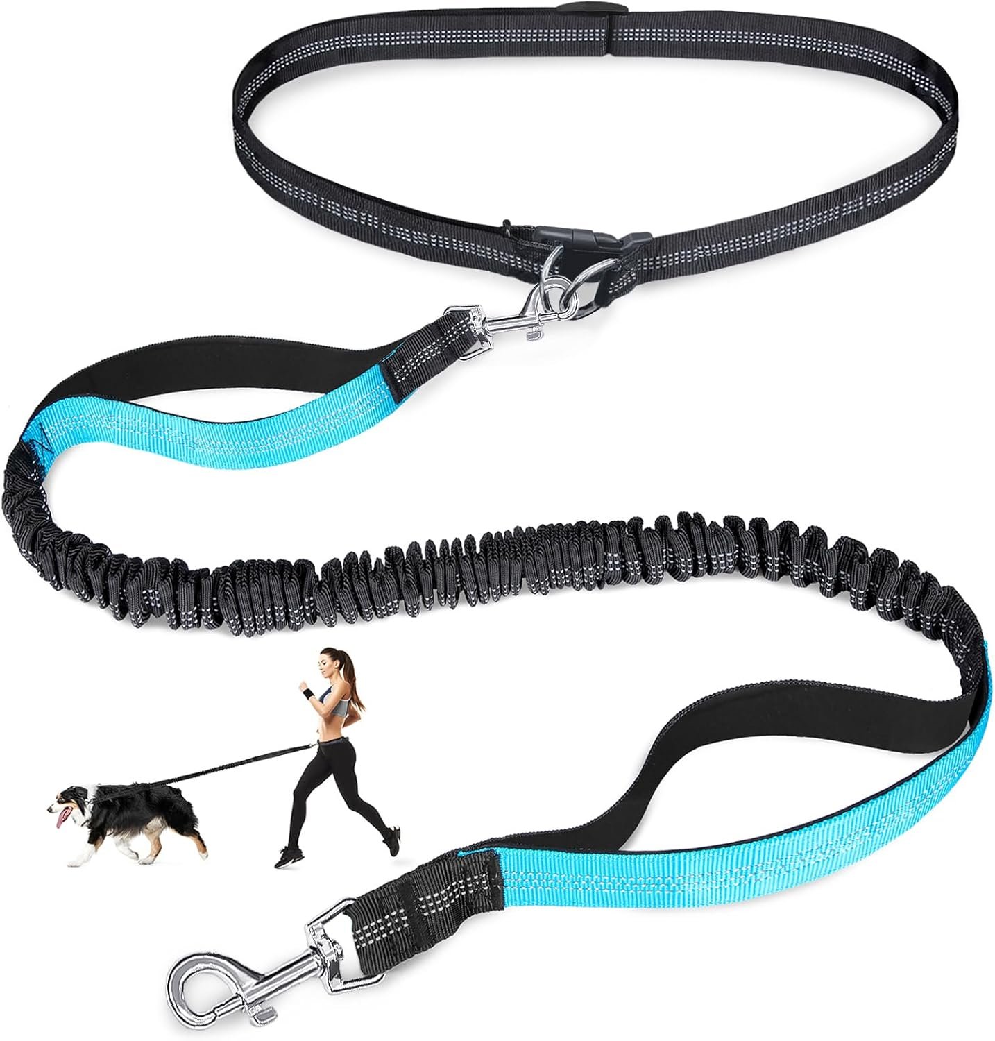 Laqibak Hands Free Dog Leash, Adjustable Waist Leash for Dog, Handle Bungee 4.2-6.7 Feet Long with Reflective Stitches for Walking Hiking Running, Fits 26″- 43″ Waist, Black & Blue