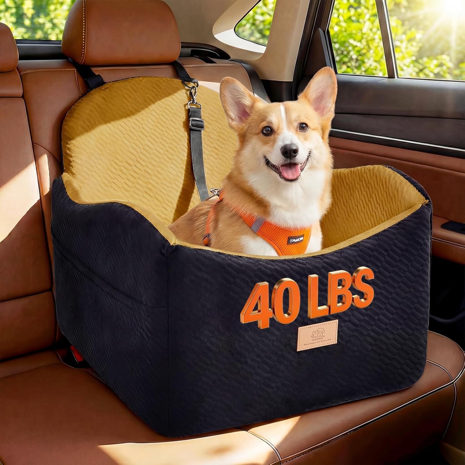 Dog Car Seat for Medium/Small Dogs, Dog Booster Car Seat, Pet Booster Seats Up to 40lbs with Waterproof Layer, 3 Storage Pockets and Safety Belt (Black/Brown)