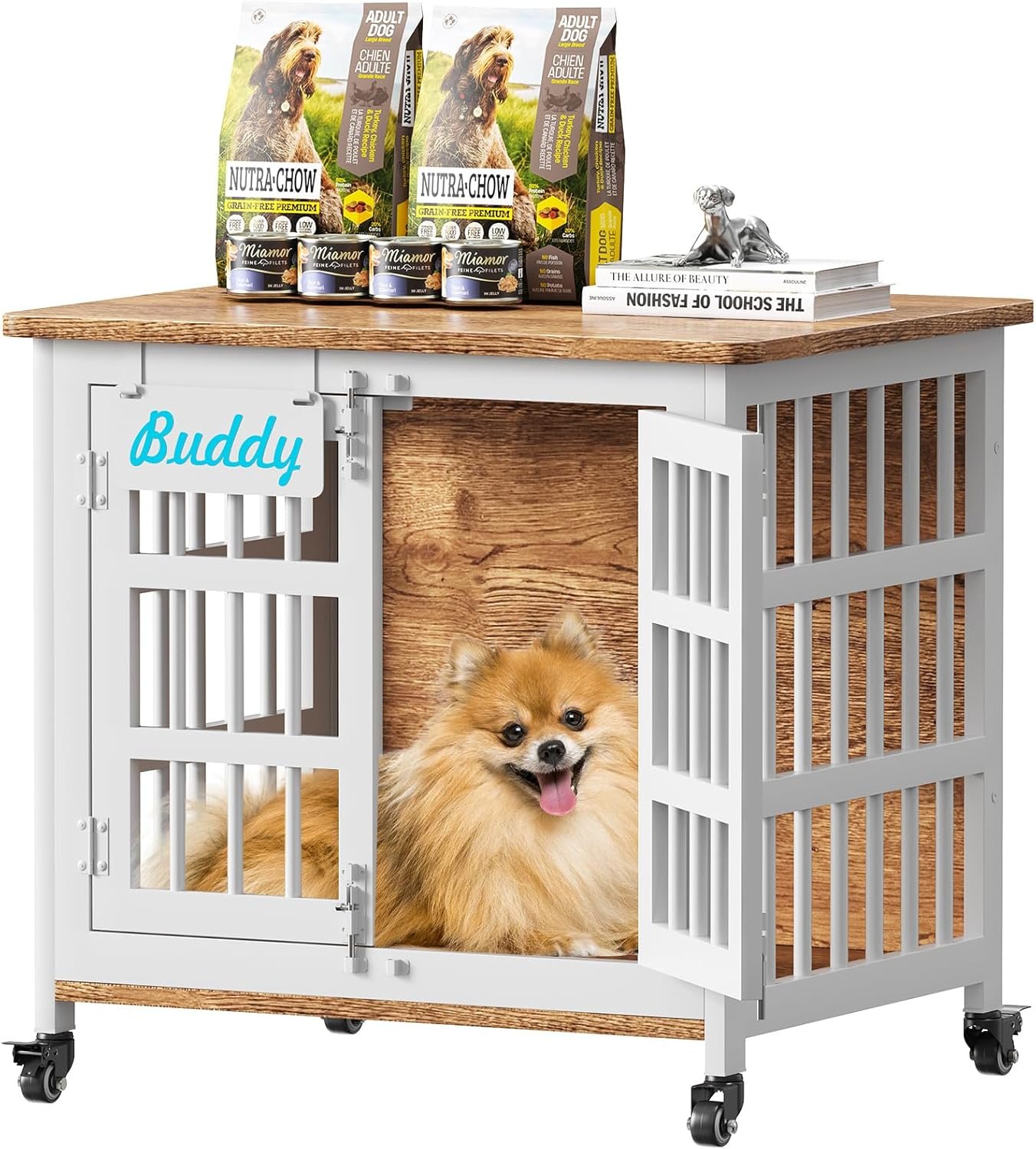 EasyCom 27″/33″ Heavy Duty Dog Crate Furniture with Name Tag, Dog Kennel Indoor for Small Dogs, Double-Doors Sturdy Metal Dog Cage for Anxiety Dog, Decorate House as TV Stand, End Table, Bedside Table