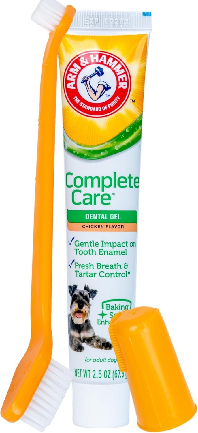 Arm & Hammer Complete Care Dental Gel Dog Toothbrush Kit, Includes Gel Toothpaste, Toothbrush, and Finger Brush, Baking Soda Enhanced, Fluoride Free, Chicken Flavor, 2.5 Oz