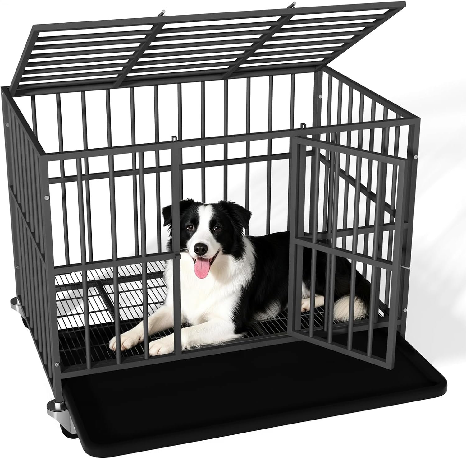 38 inch Heavy Duty Dog Crate with Dual Doors and Lockable Wheels, Large Dog Kennel Indoor, Removable Tray for Easy Cleaning, Dog Cage for Medium to Large Breeds and Anxious Dogs