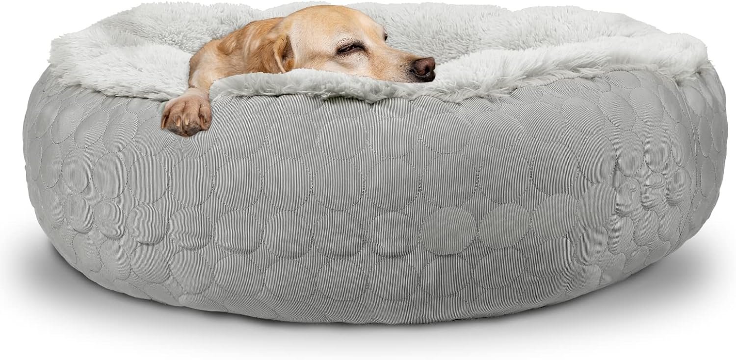 HACHIKITTY Dog Donut Round Calming Bed, Fluffy Dog Bed for Medium Large Dogs, Cooling Warming Soft Dog Cushion Bed, Double Sided Available Dog Bed with Warm & Cool Sides(36″x36″x12″, Grey)