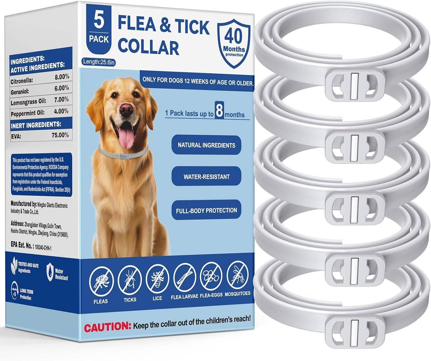 KOOSA Flea and Tick Collar for Dogs, 5 Packs Flea Collar for Dogs with Natural Essential Oils, Waterproof & Adjustable Flea and Tick Prevention Collar for Small Medium Large Dogs & Puppies, Grey 01