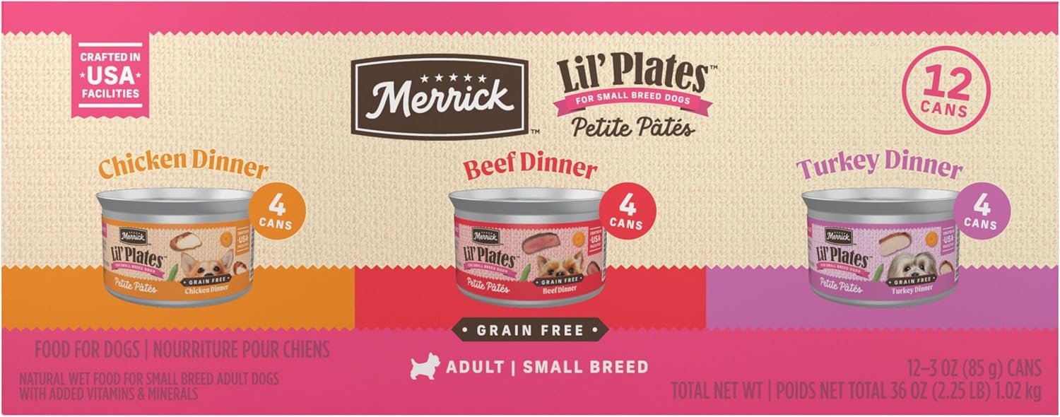Merrick Lil’ Plates Petite Pates Premium Grain Free Wet Dog Food Variety Pack, Natural Beef, Chicken, Turkey – (Pack of 12) 3 oz. Cans