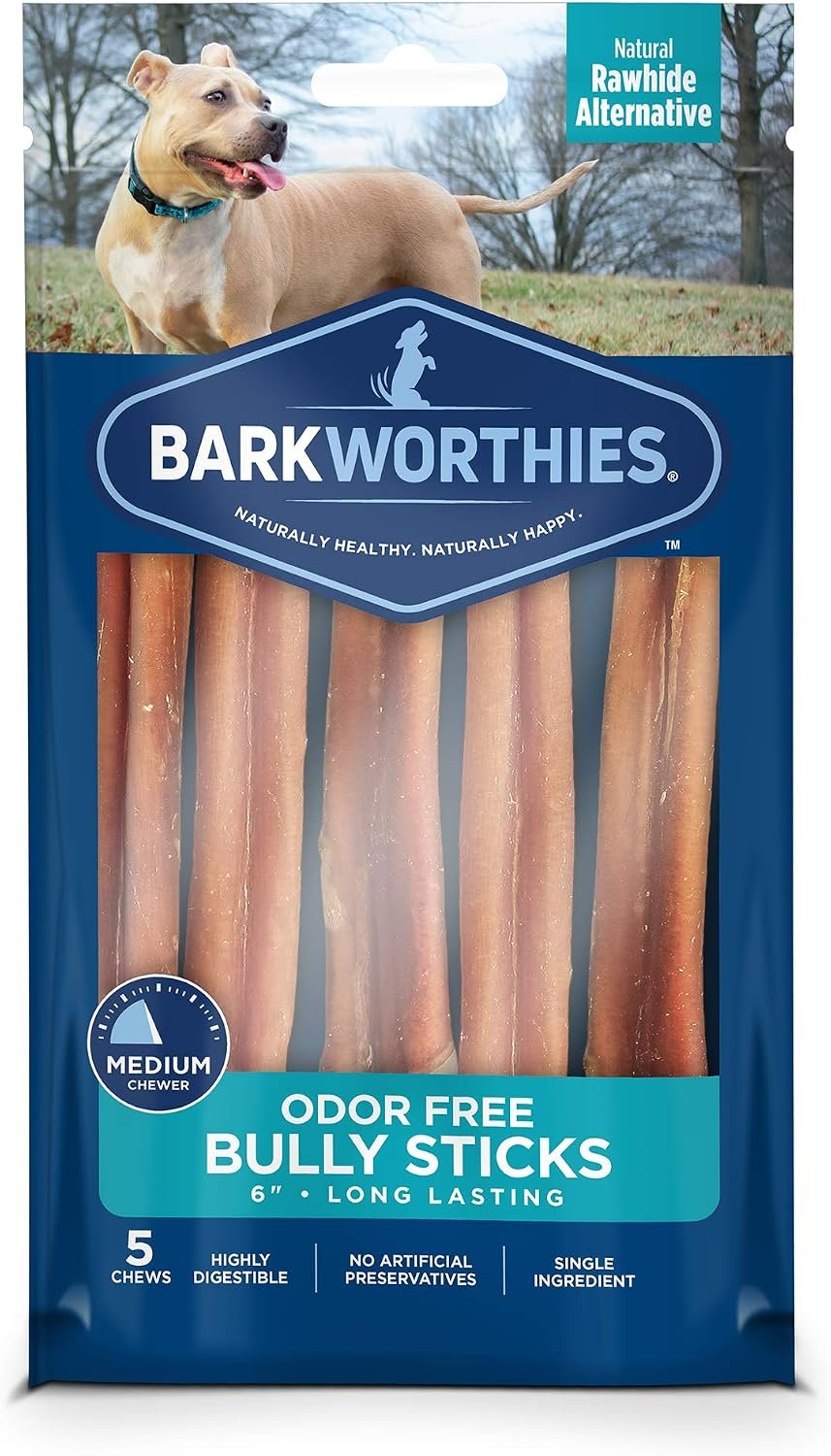 Barkworthies Odor-Free 6 Inch Bully Sticks – 5 Count (Pack of 1) – Protein-Packed, Easily Digestible, All-Natural Rawhide Alternative, Promotes Dental Health