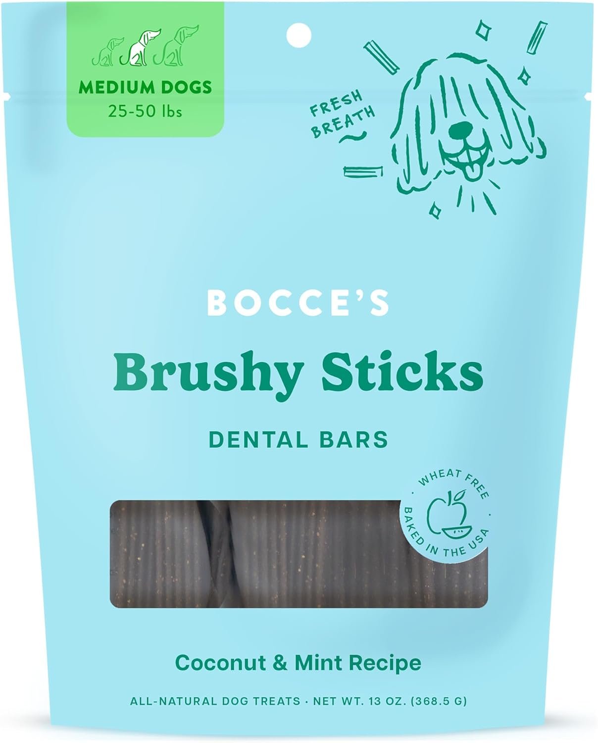 Bocce’s Bakery Dailies Brushy Sticks to Support Oral Health & Fresh Breath, Wheat-Free Dental Bars for Dogs, Made with Real Ingredients, Baked in The USA, Natural Coconut & Mint, Medium Dogs