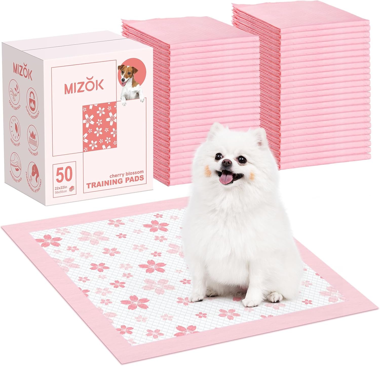 MIZOK Puppy Pads Pink 22x22in, Quick-Dry Puppy Training Pads with Pheromone Attractant, Decorative Cherry Blossom 6-Layer Heavy Duty Leak-Proof Pet Pads, Disposable (50 Count)