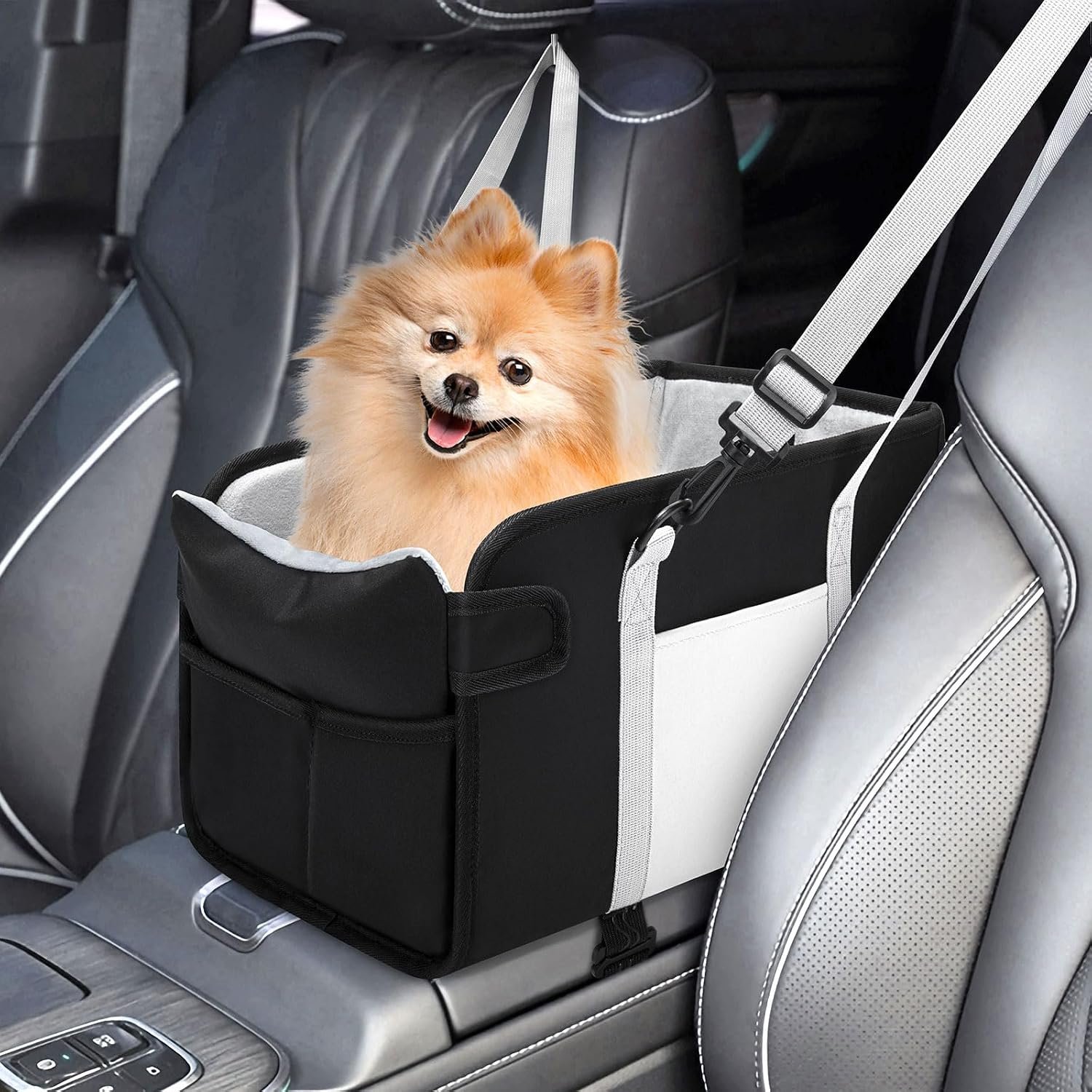 Portable Dog Car Seat for Small Dogs – Pet Booster Seat with Safety Leash, Adjustable Straps, Washable Cushion & Storage Pocket – Center Console Puppy Car Seat for Travel – Black