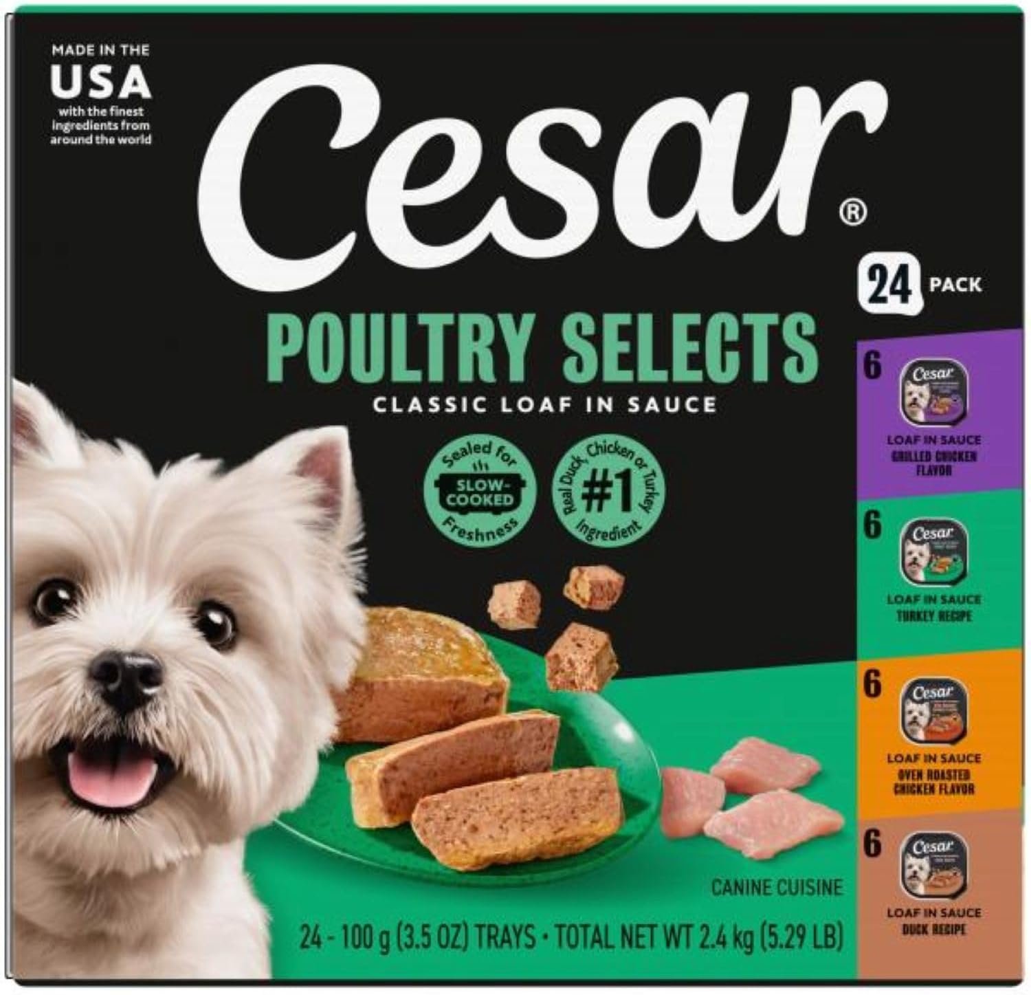 Cesar Classic Loaf in Sauce Adult Wet Dog Food with Duck, Oven Roasted Chicken, Grilled Chicken, and Turkey Recipes, 3.5 oz. Easy Peel Trays, Variety Pack (24 Count, Pack of 1)