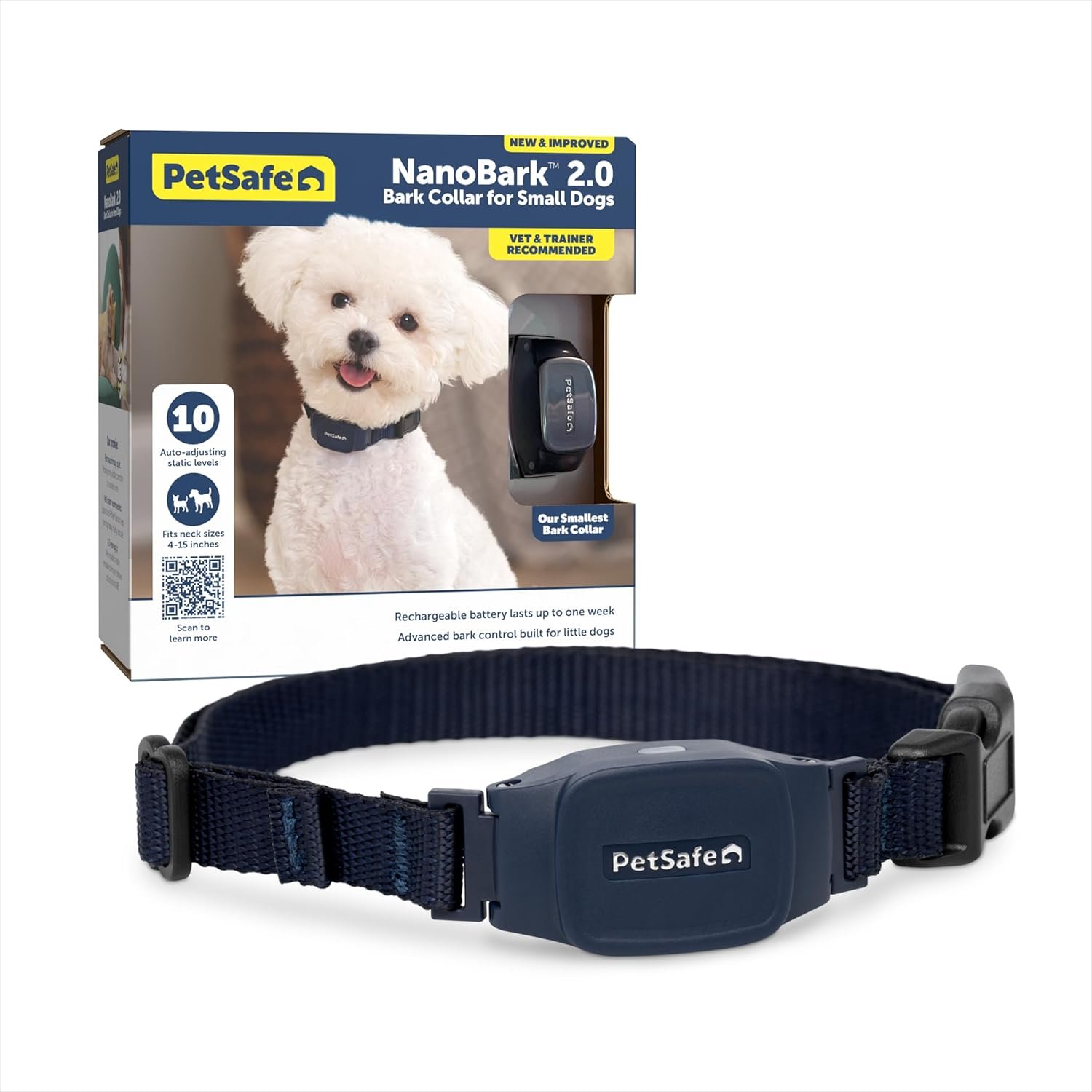 PetSafe NanoBark 2.0 Bark Collar for Small Dogs Lightweight, Adjustable 4-15″ Neck Smart Bark Detection Auto-Adjusting Static Correction Waterproof & Rechargeable Up to 7 Days Battery