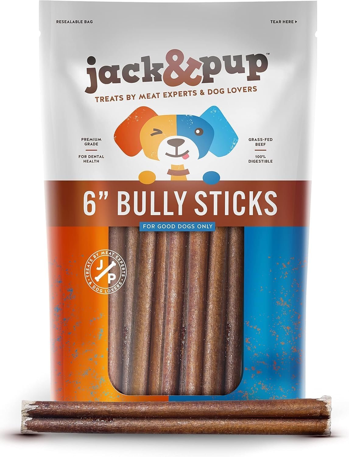 Jack&Pup 6 Inch Standard Bully Sticks for Dogs (25 Pack) Odor Free Bully Sticks for Large Dogs, All Natural Beef Pizzle Sticks