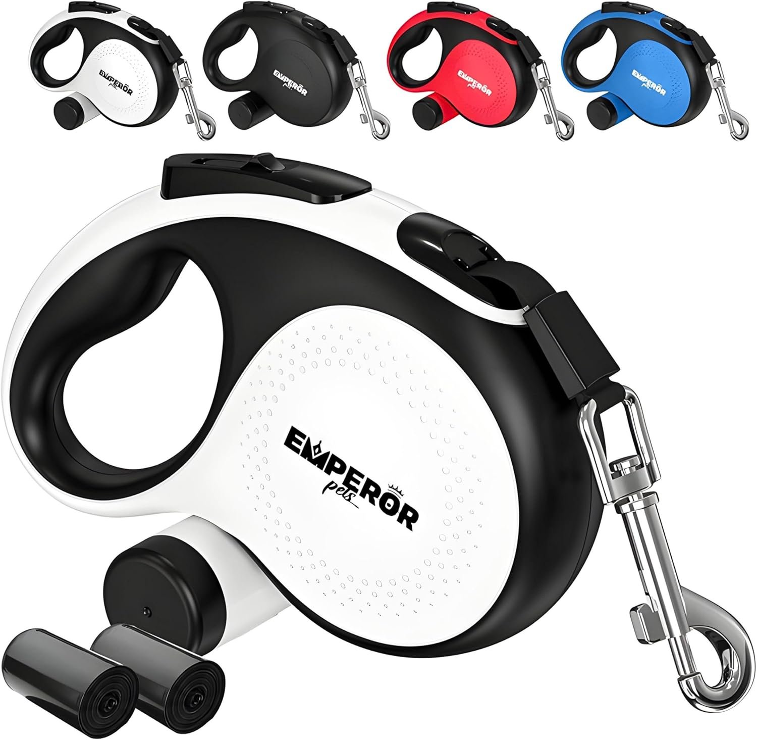 Emperor Pets Retractable Dog Leash 26 ft White – Heavy Duty Leash for Medium Large Dogs up to 110 lbs, Anti-Slip Grip, Poop Bag Dispenser – Aura Collection -BW26