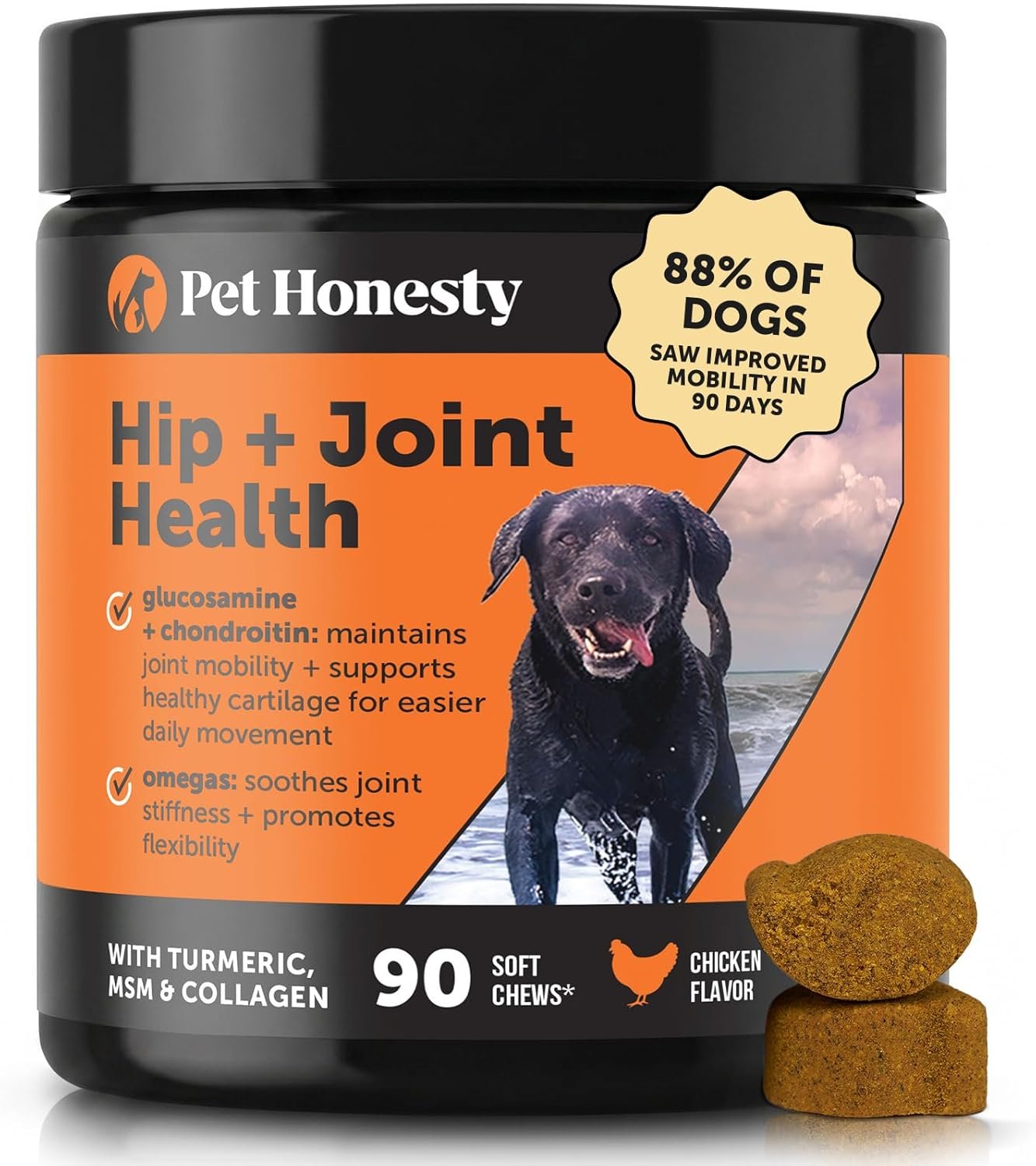 Hip + Joint Supplement for Dogs with Glucosamine Chondroitin – MSM, Turmeric & Collagen Soft Chews – Joint Function, Stiffness, and Mobility Support, May Reduce Occasional Discomfort (Chicken, 90 Ct)