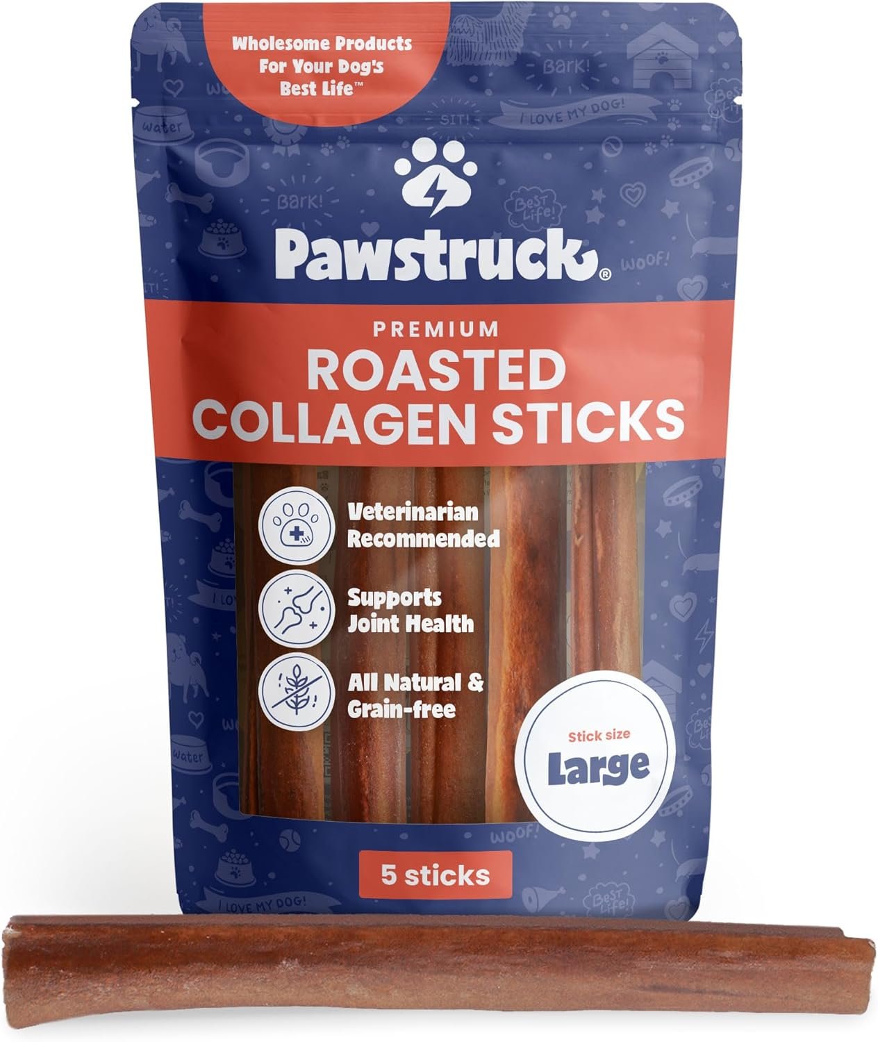 Pawstruck All Natural 11-12″ Roasted Collagen Sticks for Dogs – Low Odor & Long-Lasting Bully Stick & Rawhide Alternative, Single Ingredient, Vet Approved – 5 Pack