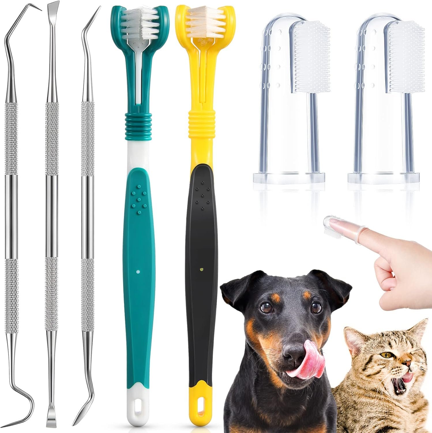 CHENGU 7 Count Dog Teeth Cleaning Kit Includes Tooth Scaler and Tarter Remover Scraper 3 Head Pet Toothbrush and Dog Finger Toothbrush Plaque Remover Tools(Classic Style,Black Yellow and Dark Green)