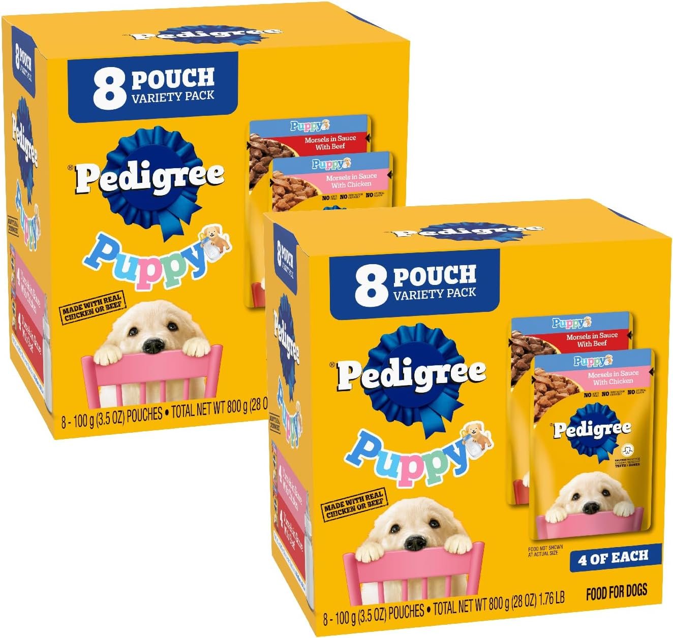 Pedigree Puppy Food Morsels in Sauce, Wet Dog Food Pouches Variety Pack, 3.5 oz. Pouches, 8 Count (Pack of 2)