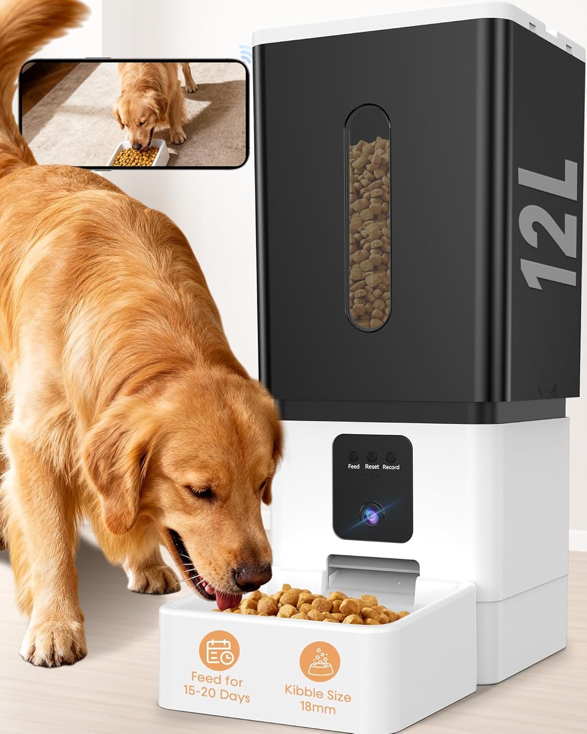 Large Breed Automatic Dog Feeder with 1080P HD Camera: 12L/50 Cups 20-Day Food Capacity for Busy Pet Owners – Anti-Clog 0.78inch Wide Outlet for Large Kibble