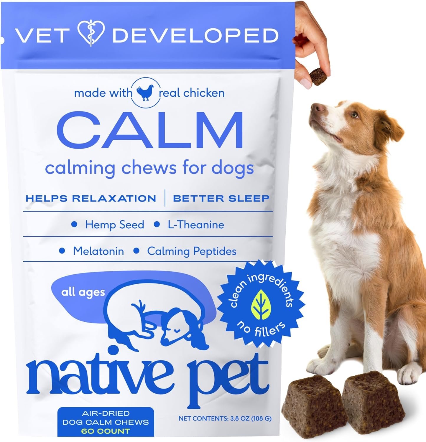Native Pet Calming Chews for Dogs – Promotes Calming Effect, Supports Emotional Balance & Reduces Hyperactivity – Hemp Seed, Melatonin for Dogs, L-Theanine & Casein -Air-Dried 60 Chews