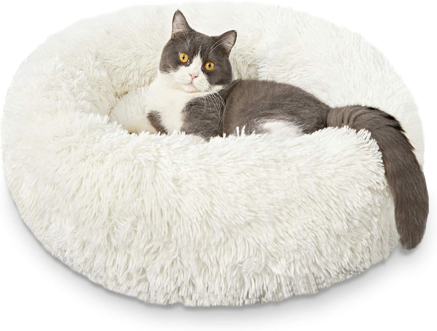 HACHIKITTY Calming Donut Cuddler Dog Bed, Round Fluffy Pet Bed for Small Dogs,Washable, Large, White, 24”