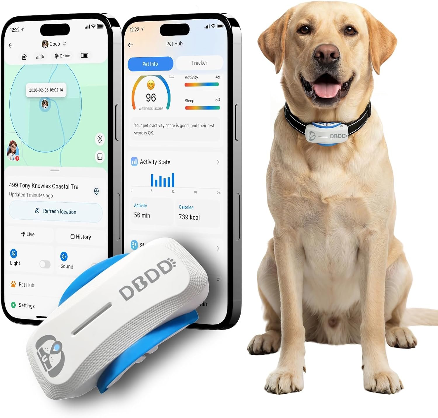 DBDD AI GPS Tracker for Dogs (White) with Virtual Fence & Real-Time Location – Waterproof Electronic Collar for Escape Artists, AI Health Monitor for Medium to Large Dogs (30lbs+), iOS & Android