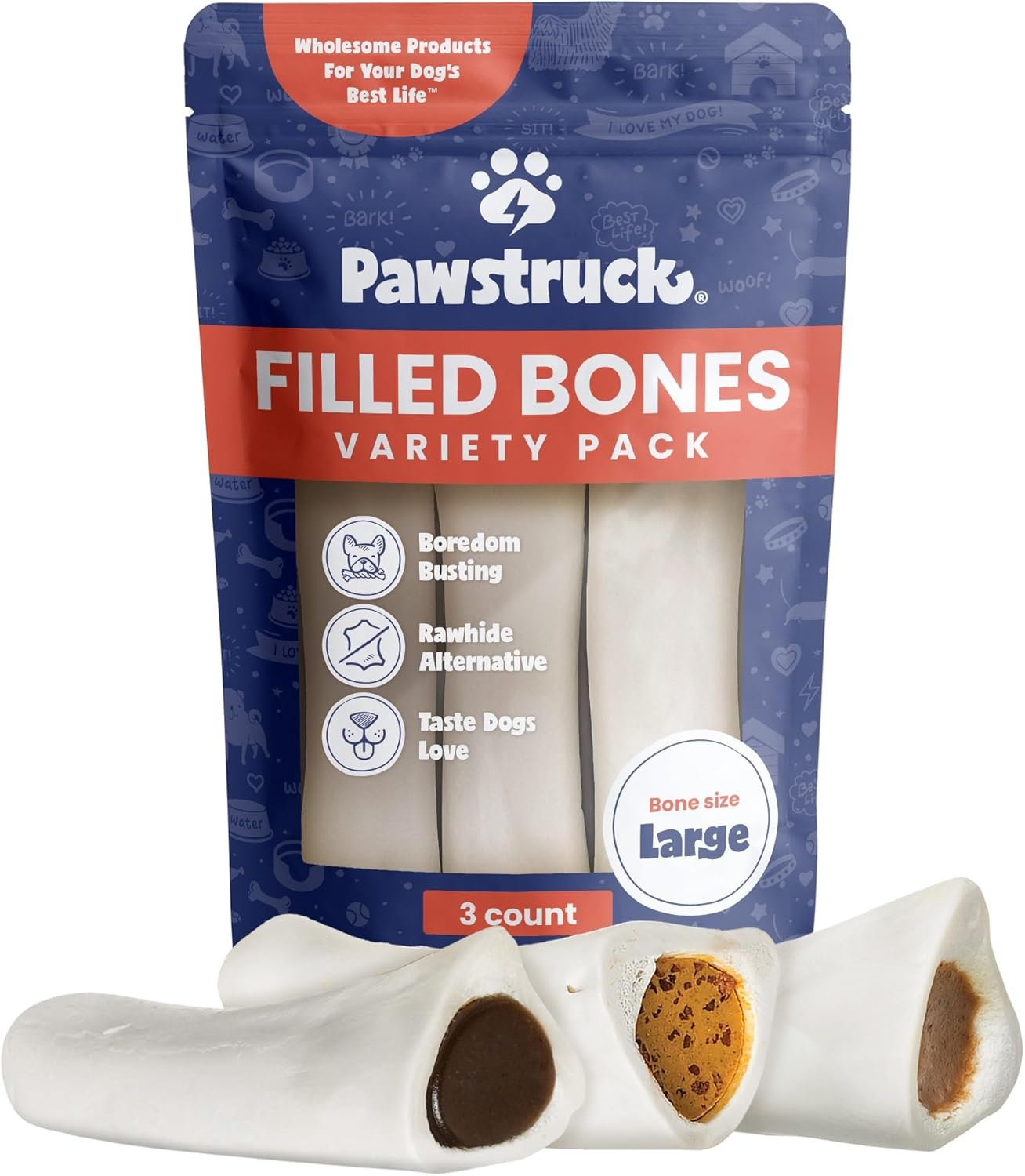 Pawstruck Large 5-6” Filled Dog Bones Variety Pack – Peanut Butter, Cheese & Bacon, Beef Flavors – Made in USA, Long Lasting Stuffed Femur Treat for Aggressive Chewers – Pack of 3, Packaging May Vary