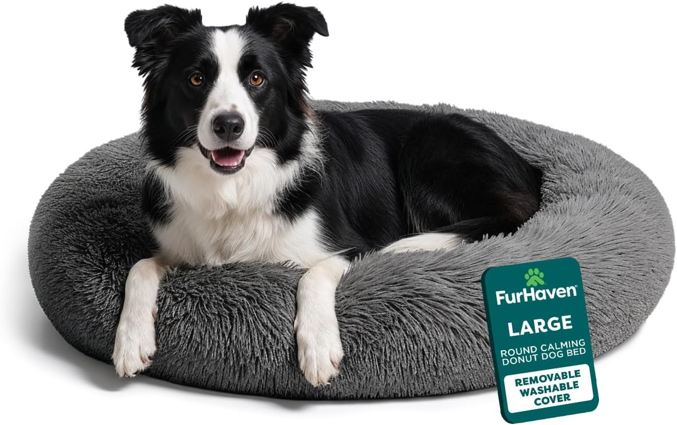 Furhaven 36″ Round Calming Donut Dog Bed for Large/Medium Dogs, Refillable w/ Removable Washable Cover, For Dogs Up to 75 lbs – Shaggy Plush Long Faux Fur Donut Bed – Gray, Large