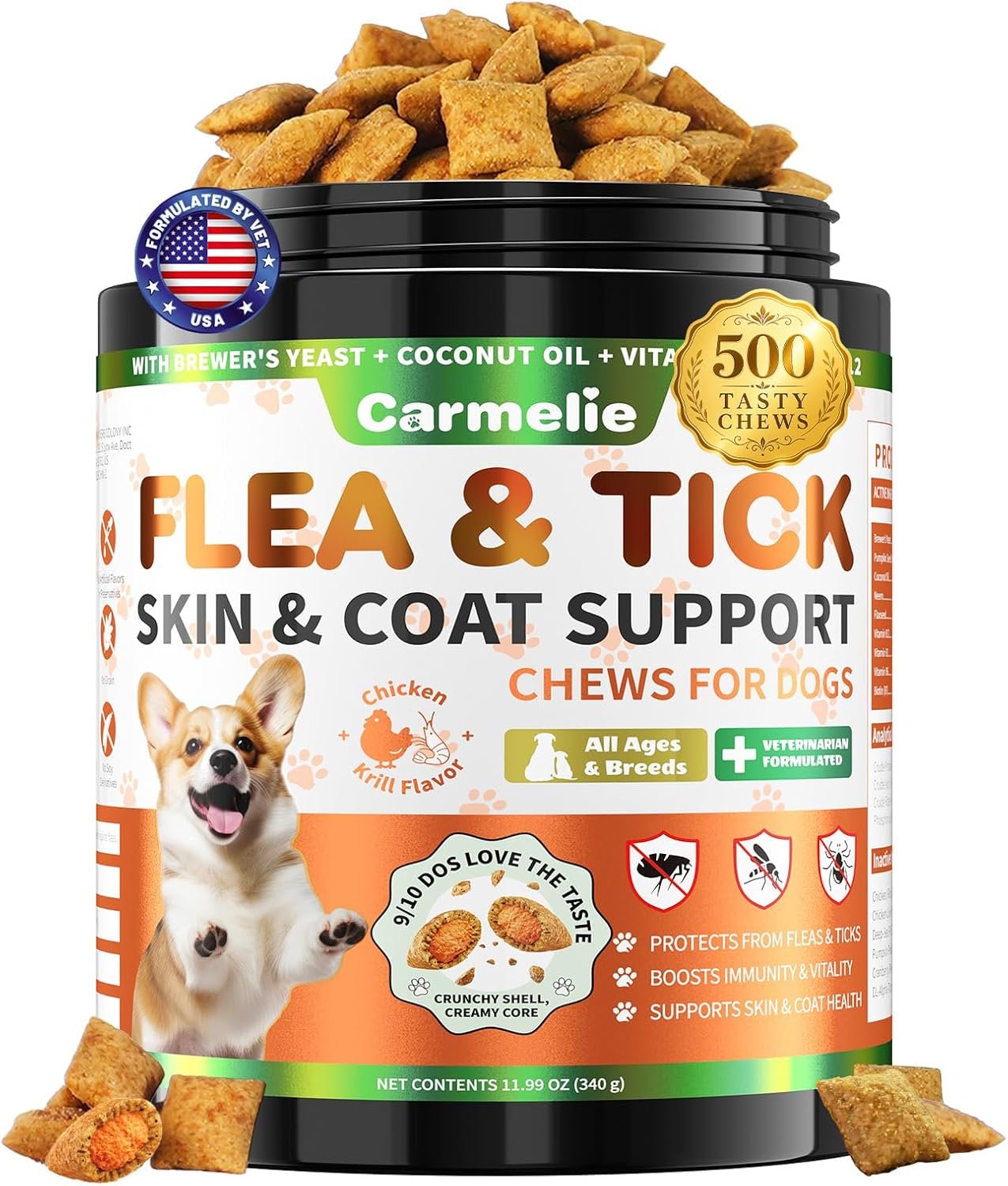 Flea and Tick Prevention for Dogs Chewables, 500ct Dog Flea and Tick Treatment with Multivitamins – Support Skin & Coat – Tasty Treats for All Breeds – Crunchy & Savory Chicken and Krill Flavor